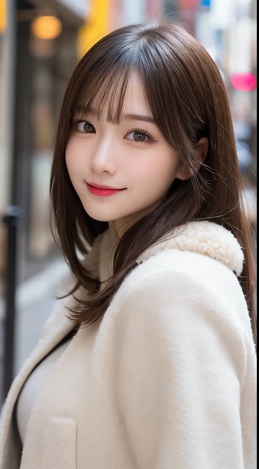 table top, highest quality, shape, Super detailed, finely, High resolution, 8k wallpaper, 完璧なダイナミックな構shape, beautiful and detailed eyes, tokyo trend冬ファッション,tokyo trend&Introducing cute hairstyles at random, small breasts, natural color lip, random sexy pose,cute smile,20 year old girl、beautiful and detailed face、perfect and beautiful face,Big eyes、Wear fluffy black outerwear with fur、beautiful detailed face、perfect and beautiful double eyelids、blur the background、perfect and beautiful face、Feminine poses、blur the background、slim face and style、blur background