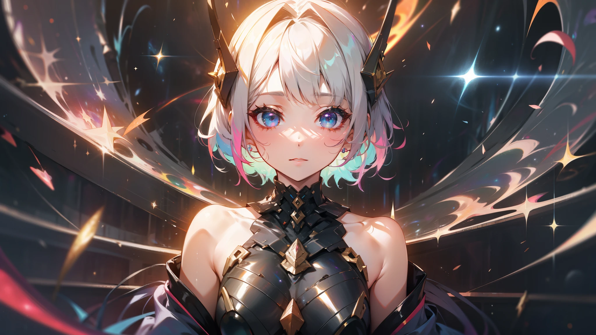a rainbow colored sensual woman, short dress, fluttering hair, rainbow colored cosmic nebula background, stars, galaxies, cosmic horror