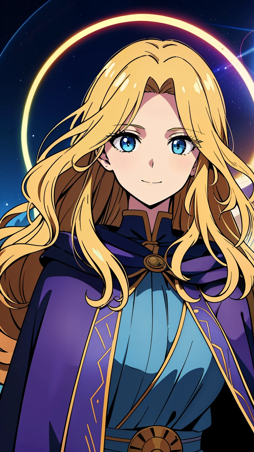 (high-quality, breathtaking),(expressive eyes, perfect face) 1girl, female, adult, solo, long length hair, blonde with brown highlights hair color, glowing hair, deep blue eyes, calm expression, charming smile, cloak, shirt, space background, upper body, magic, elegant, Greek Clothing, portrait, fantasy mage clothing, adventurers clothing, Saturn Roman God of Time, Saturn, soft wavy hair, free flowing loose hair, time background, mum vibe, mature woman, beautiful hair