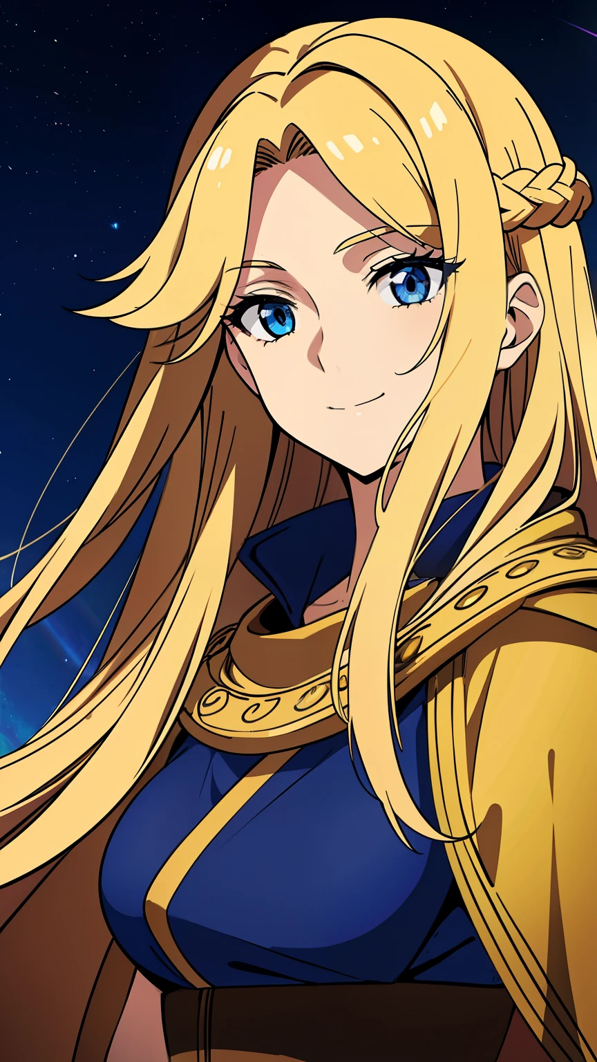 (high-quality, breathtaking),(expressive eyes, perfect face) 1girl, female, adult, solo, long length hair, blonde with brown highlights hair color, glowing hair, deep blue eyes, calm expression, charming smile, cloak, shirt, space background, upper body, magic, elegant, Greek Clothing, portrait, fantasy mage clothing, adventurers clothing, Roman God of Time, Saturn, wild hair, free flowing loose hair, time background, mum vibe
