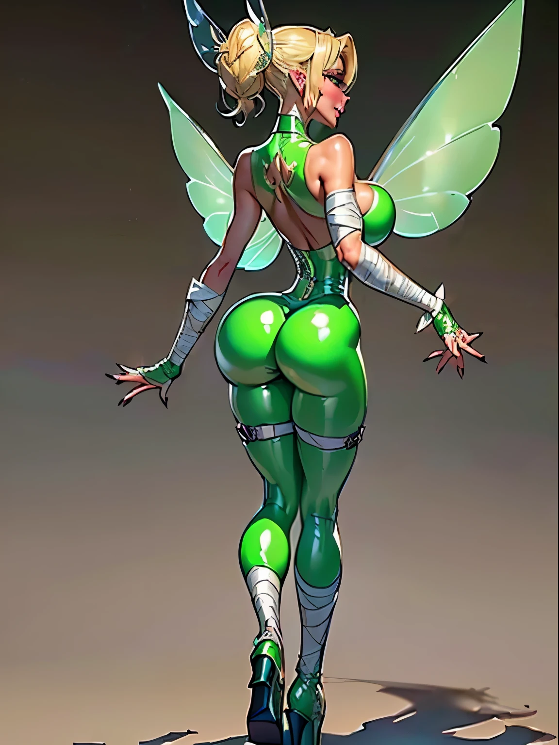 (((Backview))), (masterpiece, top quality, best quality, official art, beautiful and aesthetic:1.2), (1girl:1.3), (Tinkerbell), (Disney), blonde hair, extremely detailed, portrait, ((navel cutout)), (slendered abs:1.4), bravel, fairy from Peter Pan, (Aletta ocean face), (wings protrude from back back muscles), looking at viewer, solo, (full body:0.6), detailed background, close up, blue eyes, (cool castle theme:1.1), (((white skin, fairy wings, shiny skin, (bandaged hand gloves, bandaged fingers), fairy woman, spread out fairy wings, charlatan, sinister smirk, mysterious, shapeshifting in a castle, revealing tube dress, long lime green heels, long boots, buckles, straps, pouches, collar, sleeveless, lime green latex, ((((breasts, cleavage, skindentation)))), slim waist, slim hips, long legs, fantasy (castle interior:1.1) background, dark mysterious lighting, shadows, magical atmosphere, dutch angle