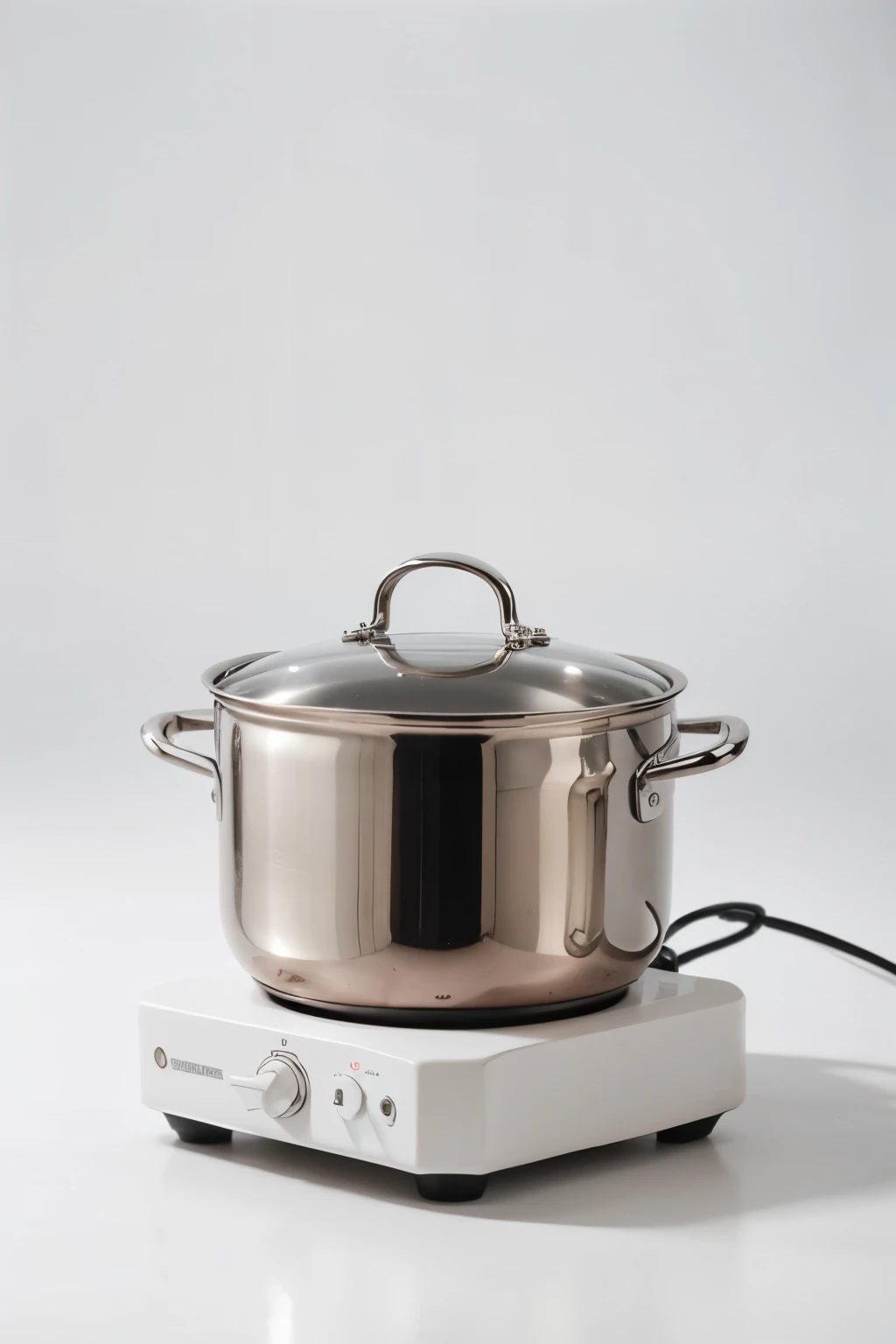 Create an image of a pink induction cooker on a white background. Exclude handles and ensure no pots are present in the picture. Focus solely on the induction cooker itself, emphasizing its sleek design. The background should remain white for a clean and minimalist appearance.