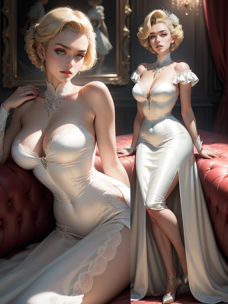 (Masterpiece - Ultra-Detailed, High Resolution) Prepare to be enchanted by a true masterpiece that combines ultra-detailed art with high-resolution rendering. This work shows a mesmerizing woman, with short, light blonde hair, 1950s style, Marilyn Monroe (1.3) and captivating brown eyes (1.2), New York illustration style, wearing red lipstick, emanating an aura of elegance and mystery. Wearing Victorian classic 1950s clothing. sexy. Intricate details and realistic textures invite you to explore every aspect of this enchanting composition. Transparent white dress. reading, writing, walking, backwards, lying down, standing, dynamic poses, mouth closed. Different posture , dynamic poses, mouth closed. Different posture, with chin resting on shoulder , perfect fingers.Get ready to dive into a world where beauty and craftsmanship merge perfectly.