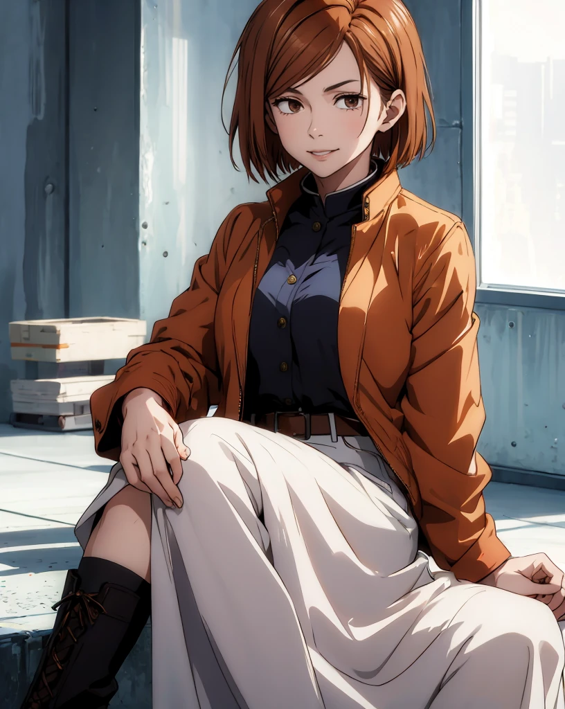 (masterpiece:1.4),(best quality:1.4) 1girl,nobara_jjk,brown hair,short hair, brown eyes,fully ,smilling, sitting, full body