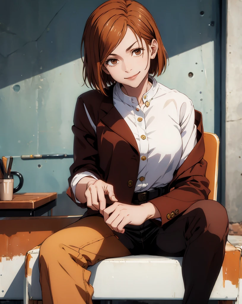 (masterpiece:1.4),(best quality:1.4) 1girl,nobara_jjk,brown hair,short hair, brown eyes,fully ,smilling, sitting, full body