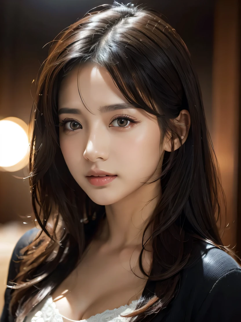 high quality、High resolution、masterpiece、sharp focus、realistic、RAW photo、cinematic lighting、化粧をしていない驚くほど美しい女性のrealisticポートレート、very detailed brown eyes、Detailed symmetrical and realistic face、very detailed natural textures、peach fluff、Dirty black hair、very detailed、finely、rich colors、Super realistic texture、dramatic lighting、looking at the viewer