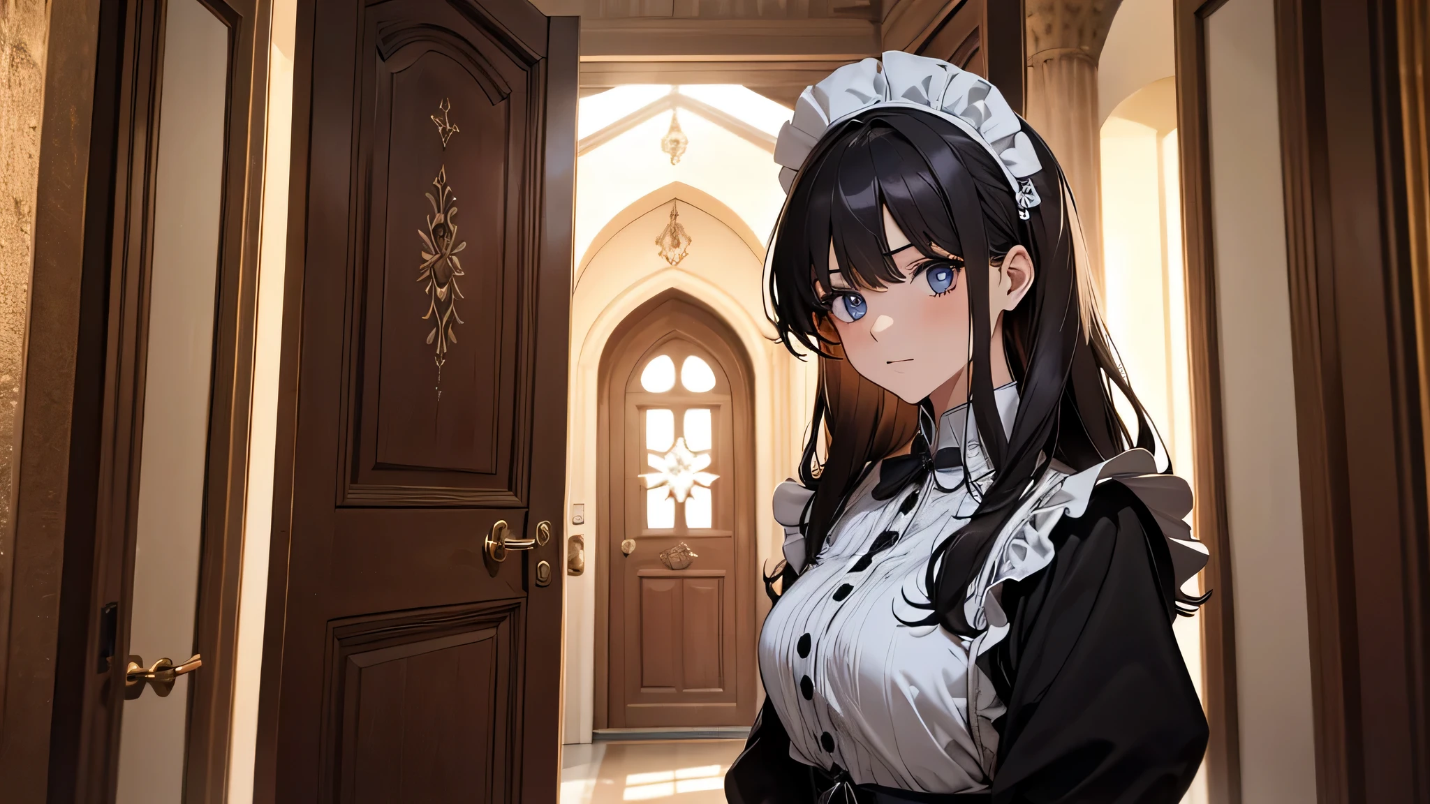 masterpiece, best quality, highres, 1girl, peeking out upper body opening door, open door, doorway, maid costume, medieval castle