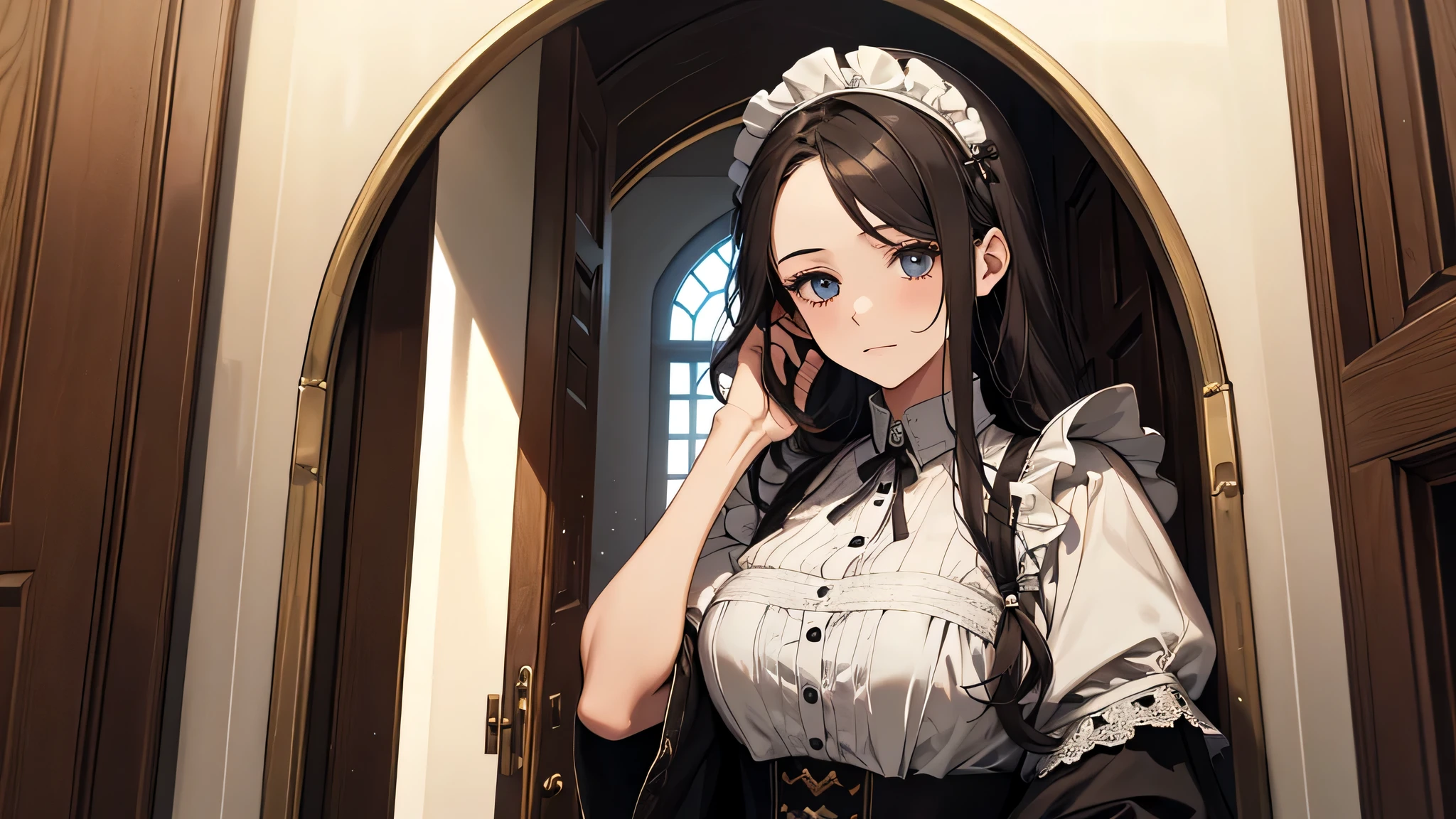 masterpiece, best quality, highres, 1girl, peeking out upper body opening door, open door, doorway, maid costume, medieval castle