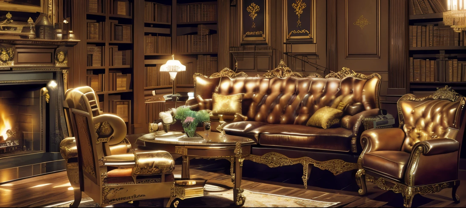 there is a living room with a couch, chair, and fireplace, library in the style of baroque, in opulent library, library background, elegant study, dusty library, fancy library, ornate retreat, steampunk living room, baroque style painting backdrop, alchemist library background, lounging on expensive sofa, lounge background, maximalist art nouveau, library interior background, grand library