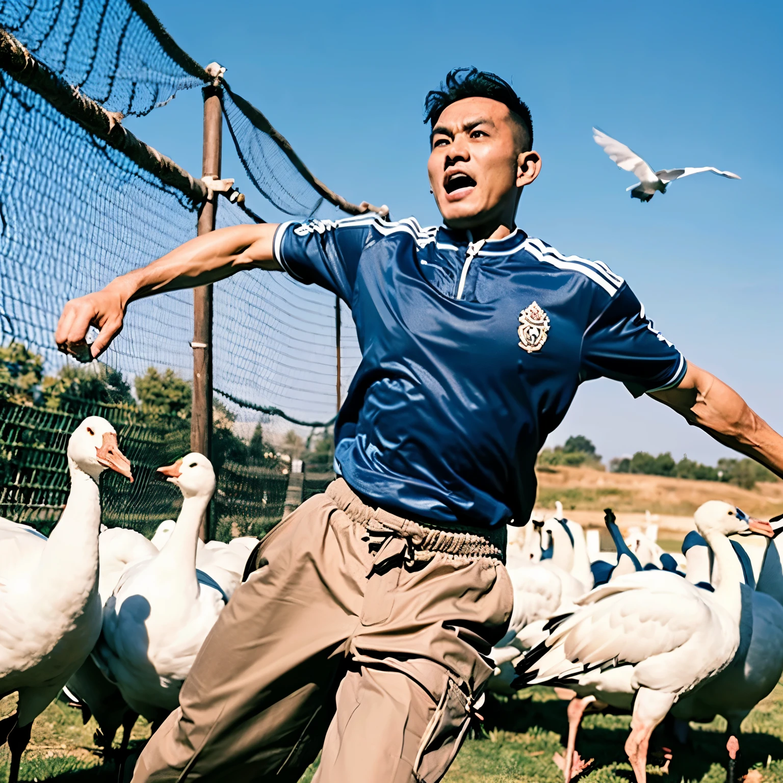 An Indonesian man in his 30s wearing short sports shorts avoids a flock of white geese that attack and try to bite his front trousers with a shocked facial expression. Fishnet background