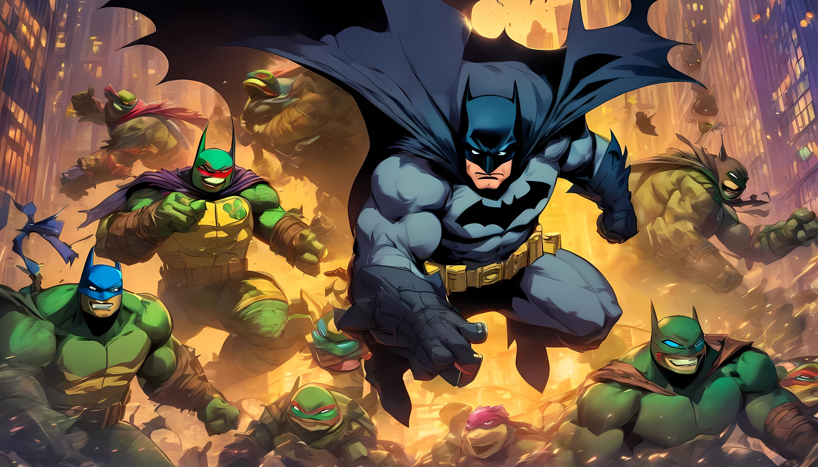 batman fighting with teenage mutant ninja turtles