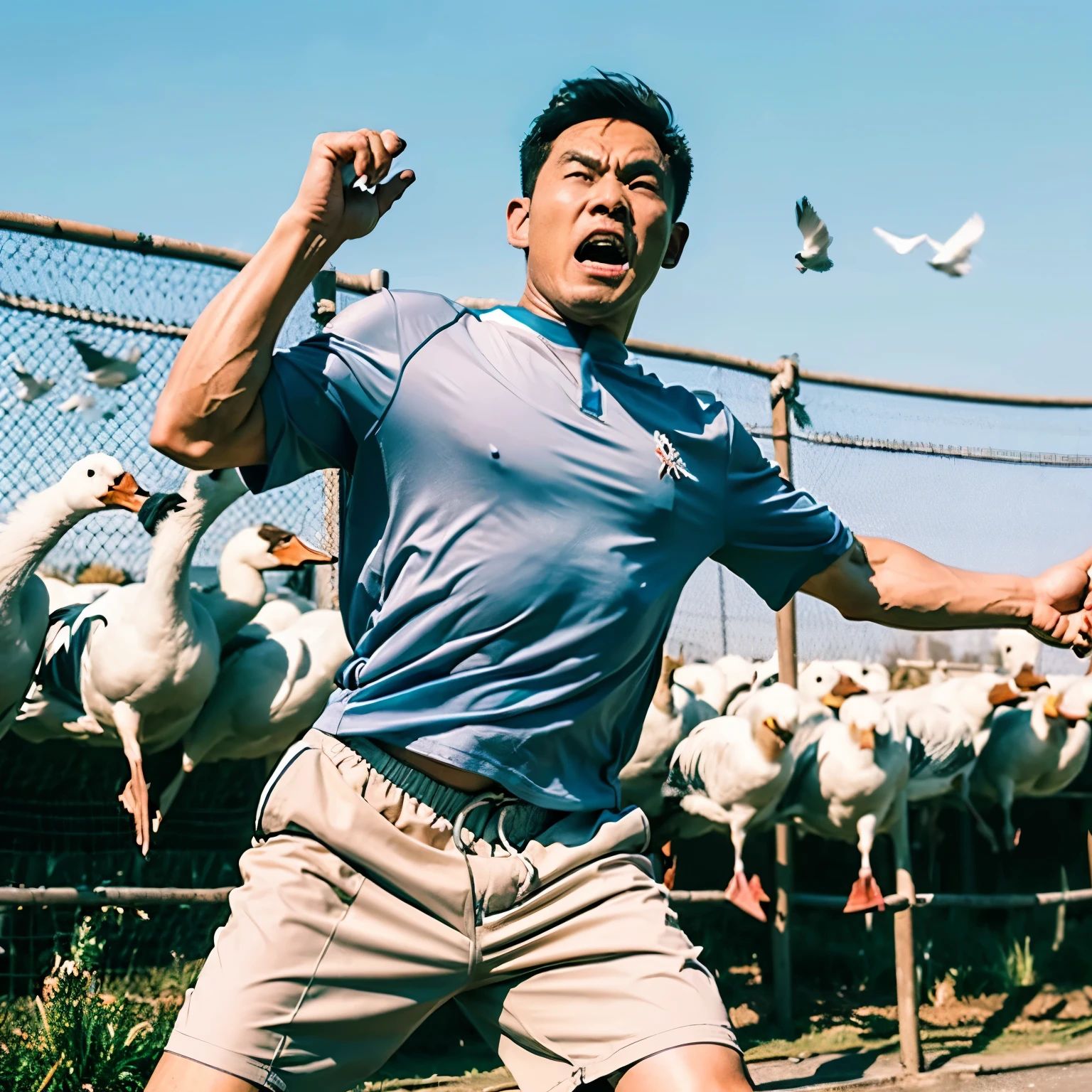 An Indonesian man in his 30s wearing short sports shorts avoids a flock of white geese that attack and try to bite his front trousers with a shocked facial expression. Fishnet background