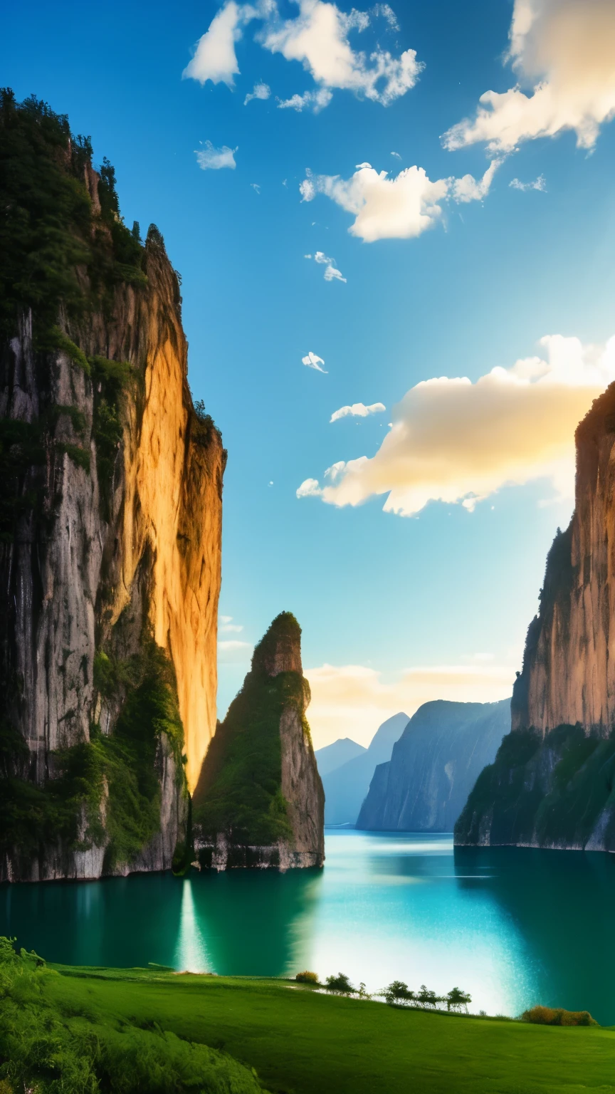 Masterpiece, ultimate quality, Cg unity 8k wallpaper, super delicate, beautiful sky and clouds, rich natural scenery, cliffs, lakes and rivers, waterfalls and flying water, beautiful green mountains, no trace of people, excellent scenery, has already won a photo contest, background Blurring, full depth of field, HDR high dynamics, true restoration, intricate, extreme details, dramatic presentation, perfectly presenting the style of midjourney art.