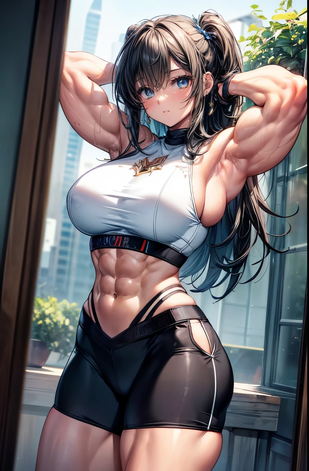 (best lighting) , (Extremely complex and detailed) , 4K unified, (Super detailed CG: 1.2) , (8k: 1.2),(The original), (masterpiece) , (best quality),(masterpiece:1.4),Anime-like high quality,(masterpiece),masterpiece, Super clear picture quality,clearer than,(delicate face)best quality, absurd,((Master of Peace, 4K, 8k, Yes, high resolution))1个girl, female student,She was in the garden,Ten strong abdominal muscles,stand up,Crop topping,dense, There are raised veins on the arms,Oversized muscles,The visual sense of muscle explosion,Muscles feel like they're about to explode,The biceps are as big as several steamed buns,spring, boots, Perfect body, long hair, dynamic poses,legs exposed,Strong leg muscles ((bodybuilder:1.5)),spring Garden,(beautiful bass),(girl),(miss),(((Upper body:1)))Fashionable midriff-baring outfit