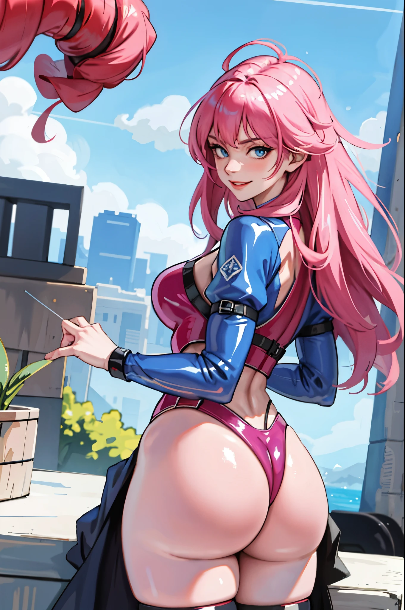 Meisterwerk, (realistisch), high-res, hochdetailliert, kompliziert, Beautiful women, rote Haare, blaue Augen, Sommersprossen, detailliertes Gesicht, pink latex suit, from behind, looking at viewer, showing ass, smile