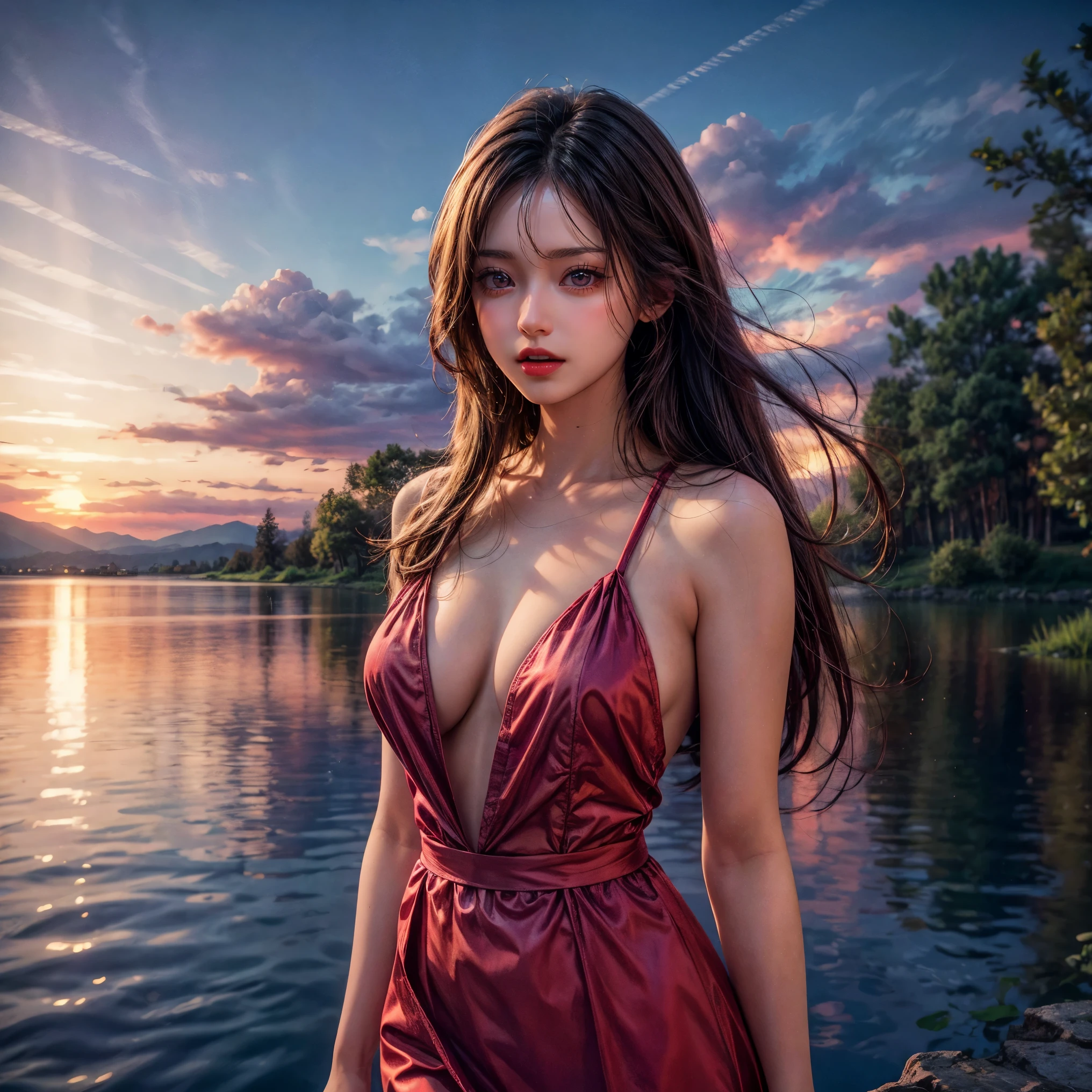 (best quality,4k,8k,highres,masterpiece:1.2),ultra-detailed,(realistic,photorealistic,photo-realistic:1.37),portrait,landscape,beautiful detailed eyes,beautiful detailed lips,extremely detailed eyes and face,longeyelashes,((1girl walking on a lake, twilight sky)),pink and purple hues,soft and dreamy lighting,serene atmosphere,dramatic clouds,crimson sunset,ethereal scenery, ((long hair:-0.8)) .