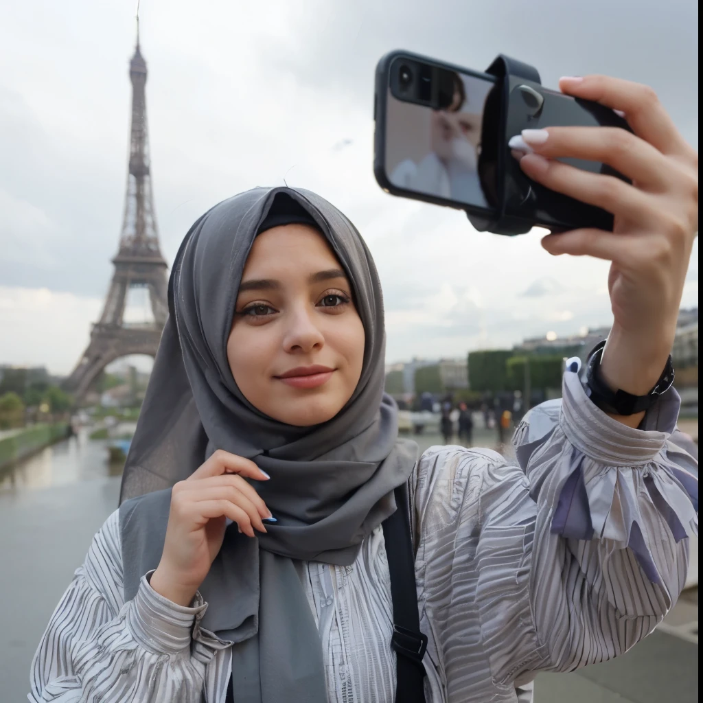 woman taking a picture of the eiffel tower with her cell phone, in paris, with eiffel view, selfie photography, in front of the eiffel tower, selfie of a young woman, she is holding a smartphone, smartphone photo, taking a selfie, in background, taking a picture, hijab, in the background, french girl, selfie, smooth in _ the background
