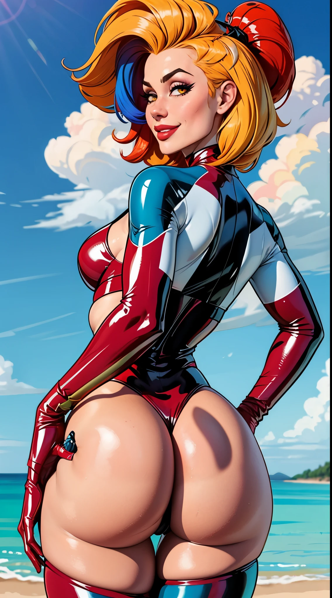 Meisterwerk, (realistisch), high-res, hochdetailliert, kompliziert, Beautiful women, rote Haare, blaue Augen, Sommersprossen, detailliertes Gesicht, red latex suit, from behind, looking at viewer, showing ass, smile