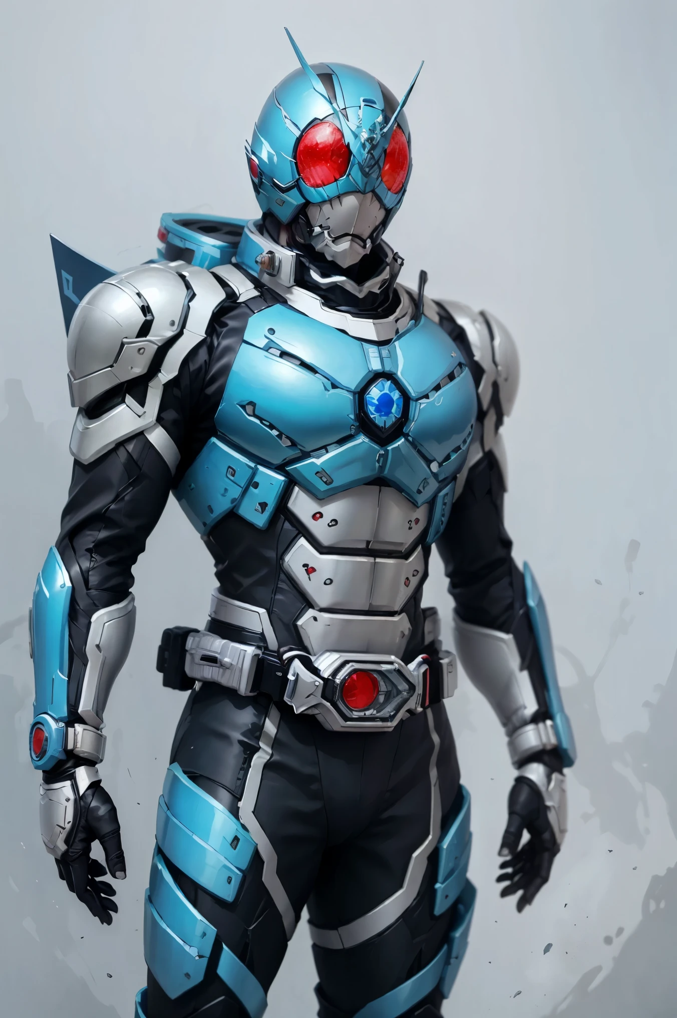 Blue Kamen Rider, Silver armor, Gray and black clothes, Bluetech Suit,