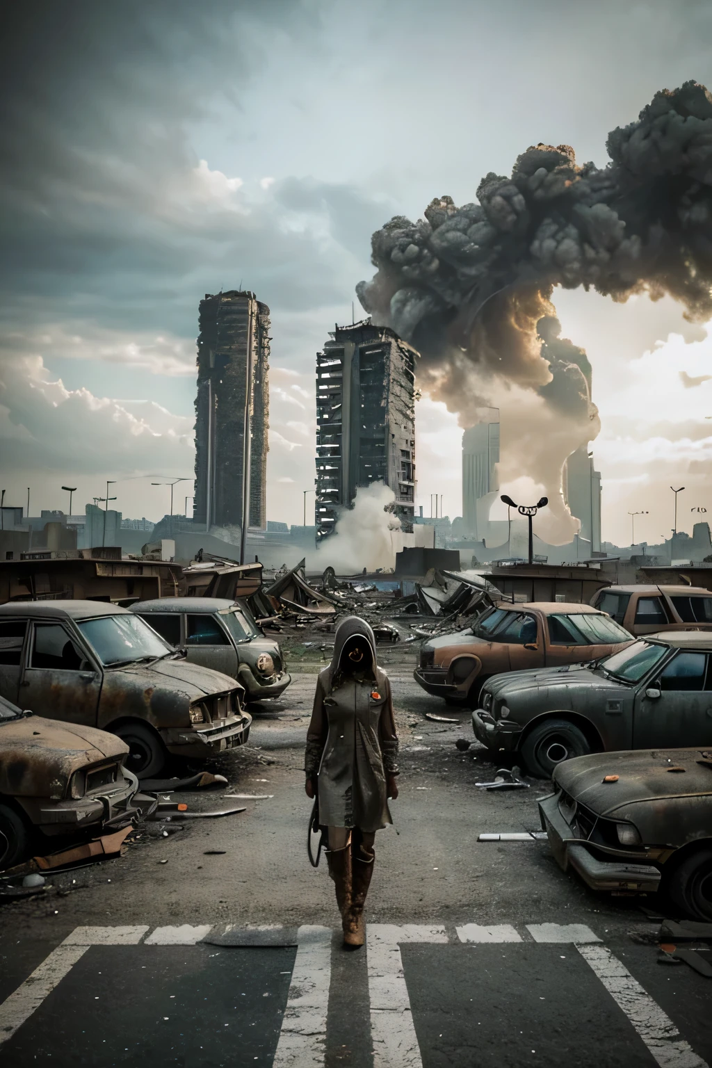 Cinematic post-apocalyptic city, crumbling concrete skyscrapers belching smoke, dilapidated and crowded buildings, Junto, imagem tirada a 200 metros de altura, a woman with a gas mask and torn clothes walking down one of the streets seen from above, grey sky, a cidade se estende pelo horizonte, ambiente desolado e triste, Kenopsia, rusty and destroyed cars on the streets, as detailed as possible, ambiente cinzento, atmosfera cinza, Grey buildings, Grey overcast sky