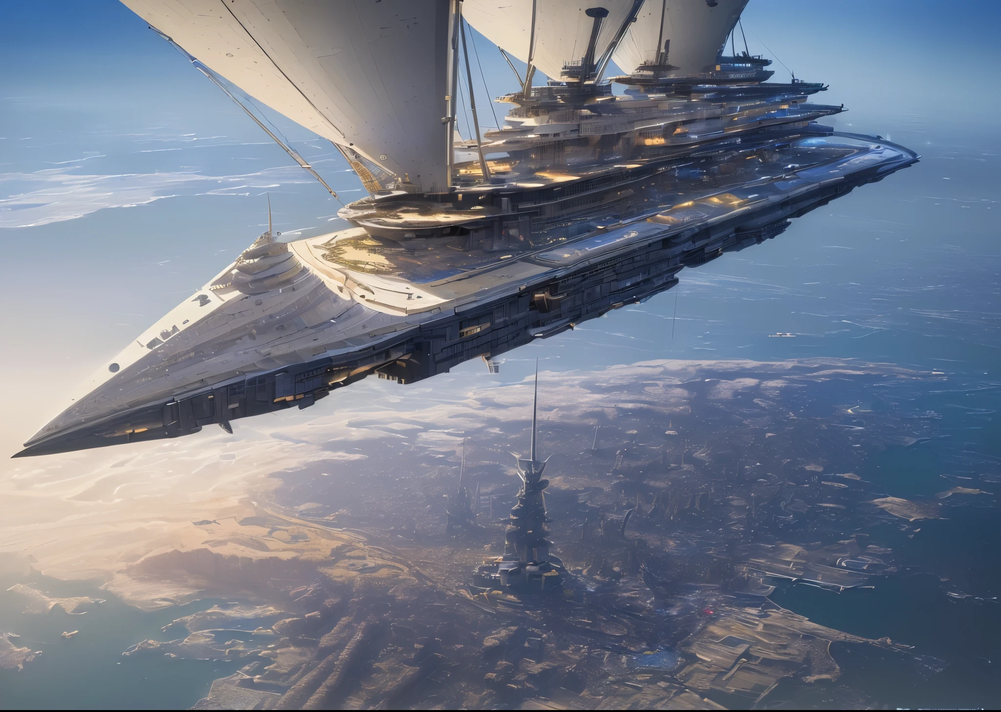 (Award Winning digital artwork:1.3), (masterpiece, Ultra-detailed, hyperrealistic:1.3), (highres,absurdres, mature adult), (Starship, spaceage engineering, highly detailed vehicle), (extremely detailed starship architecture:1.3), floating city