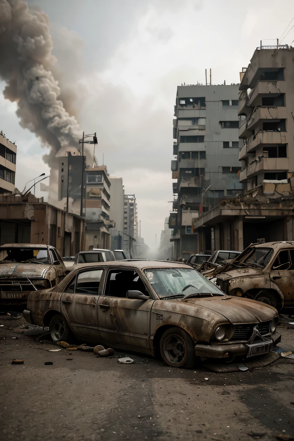 Cinematic post-apocalyptic city, crumbling concrete skyscrapers belching smoke, dilapidated and crowded buildings, Junto, imagem tirada a 200 metros de altura, a woman with a gas mask and torn clothes walking down one of the streets seen from above, grey sky, a cidade se estende pelo horizonte, ambiente desolado e triste, Kenopsia, rusty and destroyed cars on the streets, as detailed as possible, ambiente cinzento, atmosfera cinza, Grey buildings, Grey overcast sky