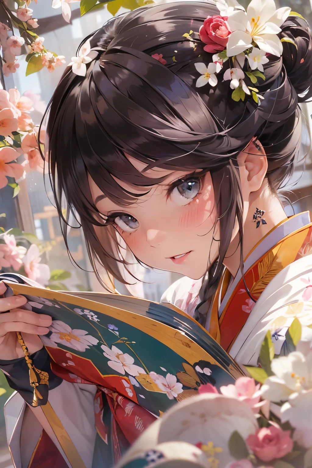 (official art、highest quality、Unity 8k wallpaper、32K、masterpiece、Super detailed、ultra high resolution、Oil painting style:1.2)、slender、medium bust、(whole body:1.2)、(profile、looked away) :1.2)、High definition background、realistic eyes、Sharp eyes、blurred background、Yukata beauty、(very detailed face and eyes、beautiful face、super detailed skin、Fine skin texture:1.3)、Japanese-style house、veranda、Spring landscape、