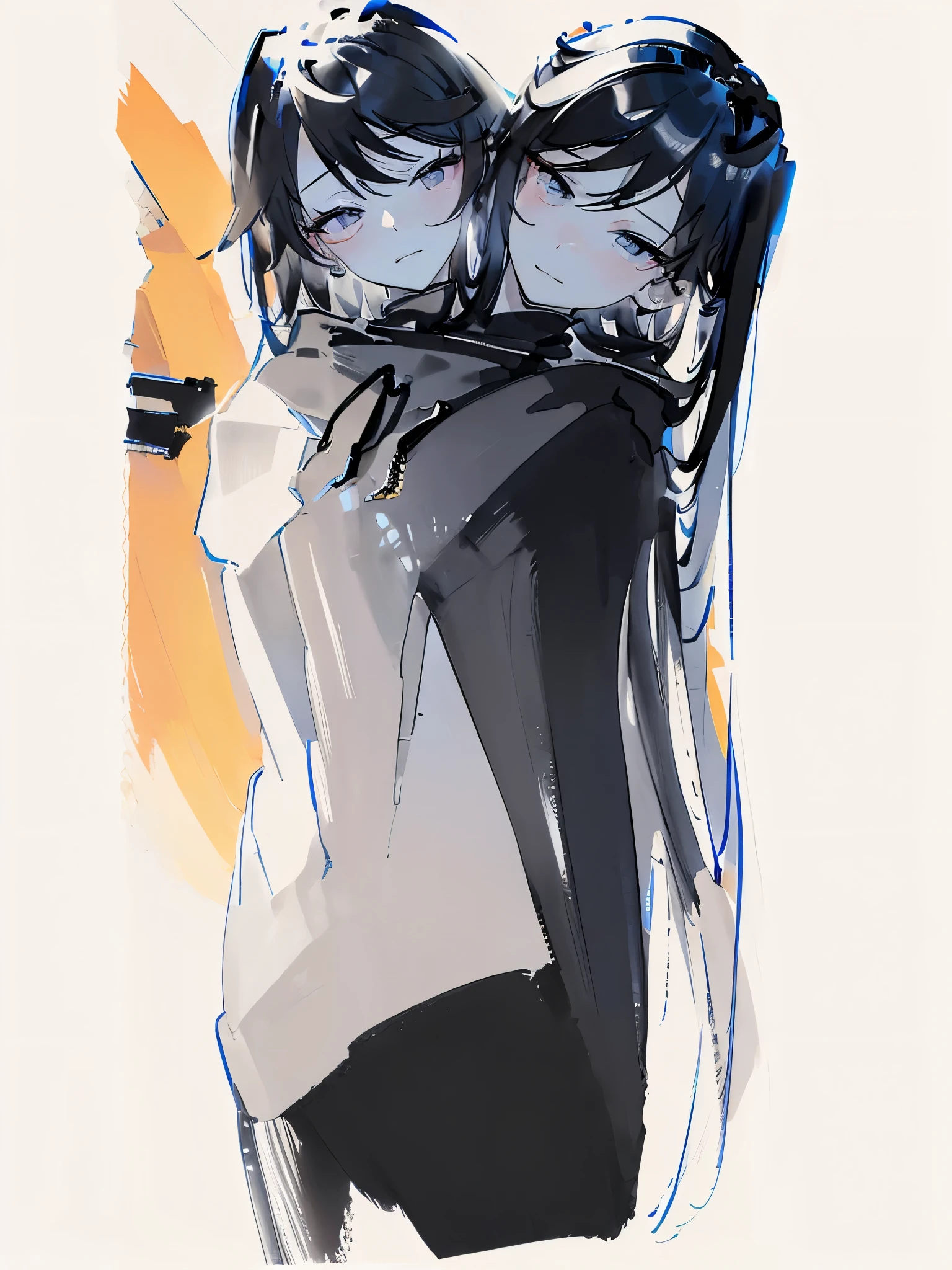 (masterpiece, best quality), best resolution, (2heads:1.5), 1girl, hoodie, zydink, monochrome, ink sketch, portrait