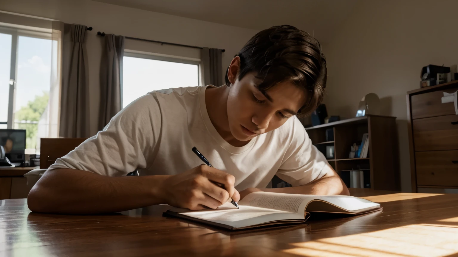  A young man is doing his homework, ultra realistic, zoom out, wide angle shot, 4k, highly detailed.