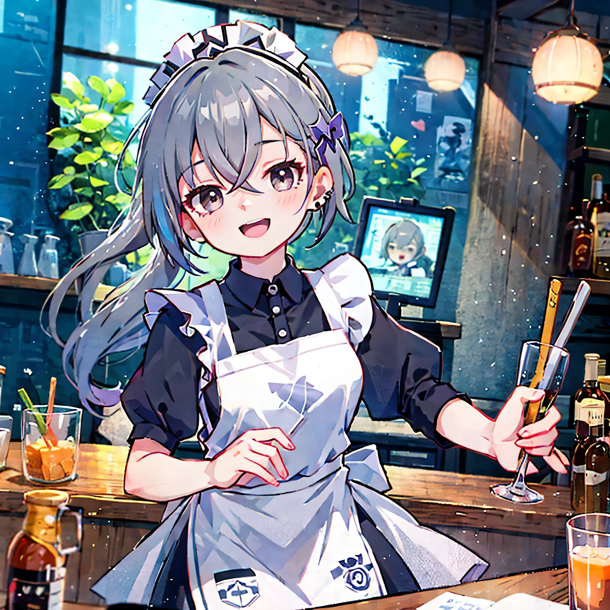 1 girl, silver wolf \(honkai: Star Orbit\), Drill ponytail, maid, maid headdress, maid apron, happy, open mouth, looking at the audience, cowboy shooting, bar \(place\), indoors, depth of field