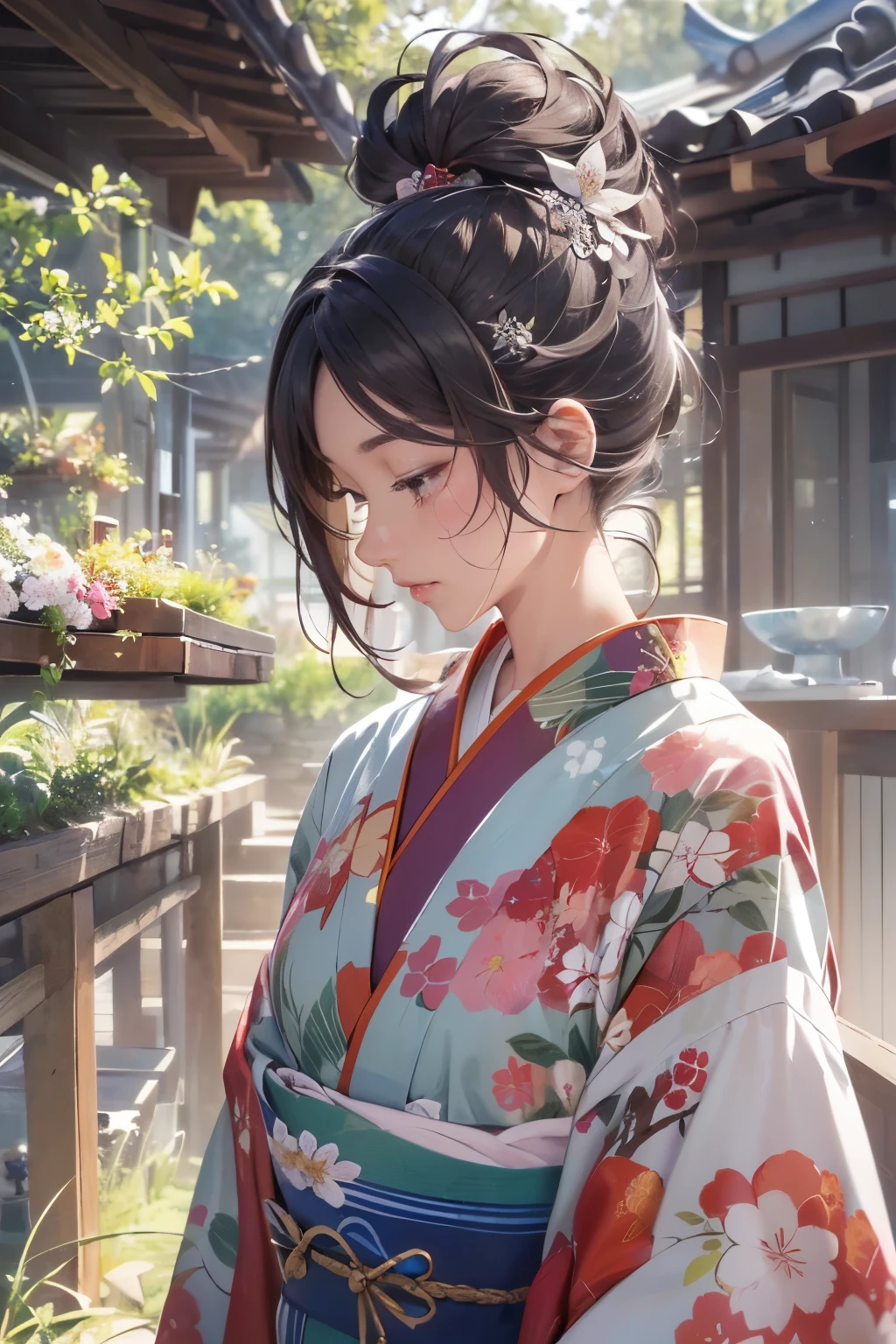 (official art、highest quality、Unity 8k wallpaper、32K、masterpiece、Super detailed、ultra high resolution、Oil painting style:1.2)、slender、medium bust、(whole body:1.2)、(profile、looked away) :1.2)、High definition background、realistic eyes、Sharp eyes、blurred background、Yukata beauty、(very detailed face and eyes、beautiful face、super detailed skin、Fine skin texture:1.3)、Japanese-style house、veranda、moonlight、Spring landscape、