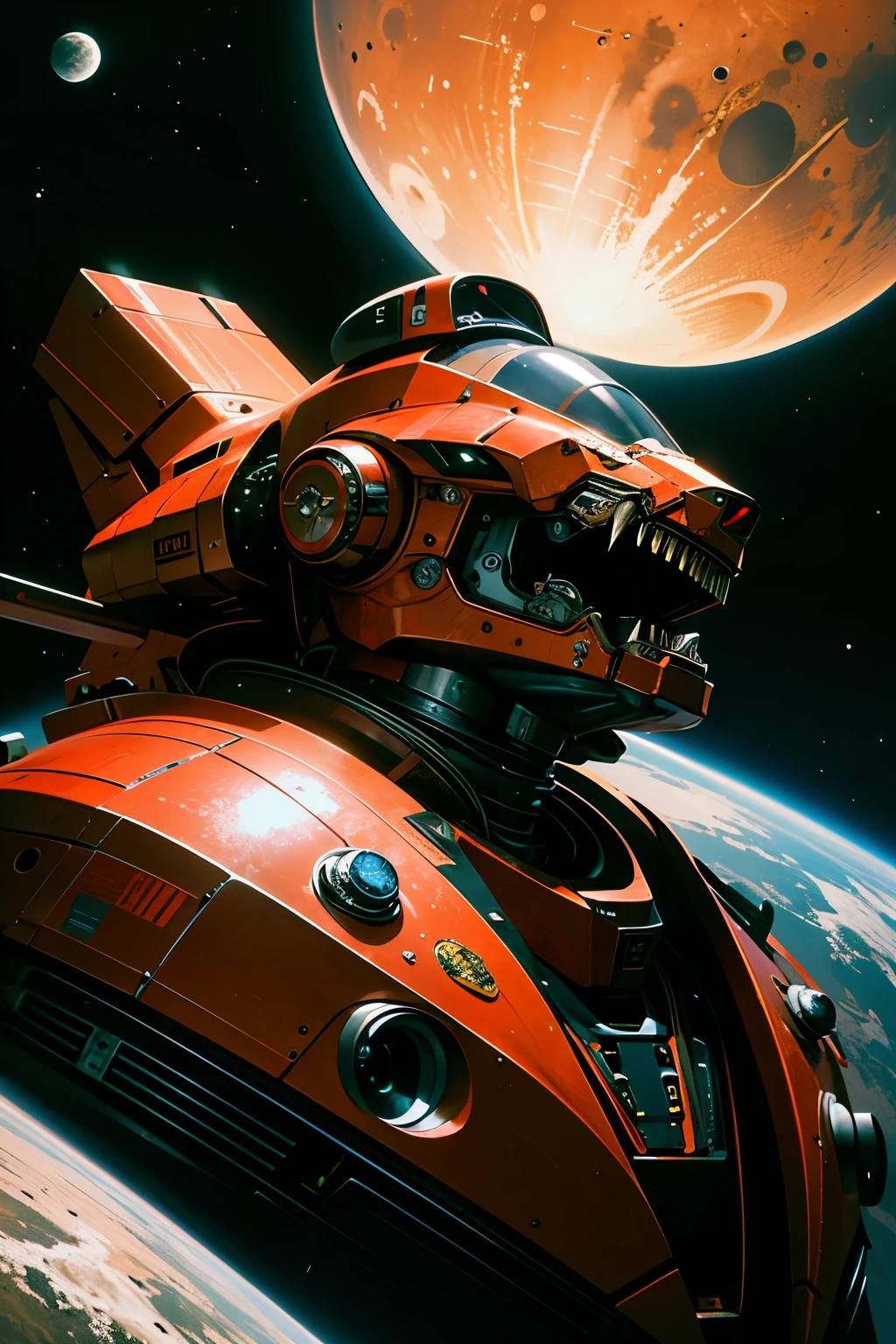 Masterpiece, highest quality, spaceship based on Mars, Sleek and futuristic design, Rust-red and metallic colors, Sharp edges and intricate details, Ultra-detailed engines and mechanisms, Glowing thrusters and solar panels, Realistic texture and reflection, Lunar landscape in the background, Astronauts with advanced suits, Ultra-high resolution, 8K image quality, Distinct and defined lines, Supremely aesthetic, space exploration, science fiction, detailed interior, well-lit controls, fine-grained material, photorealistic rendering.