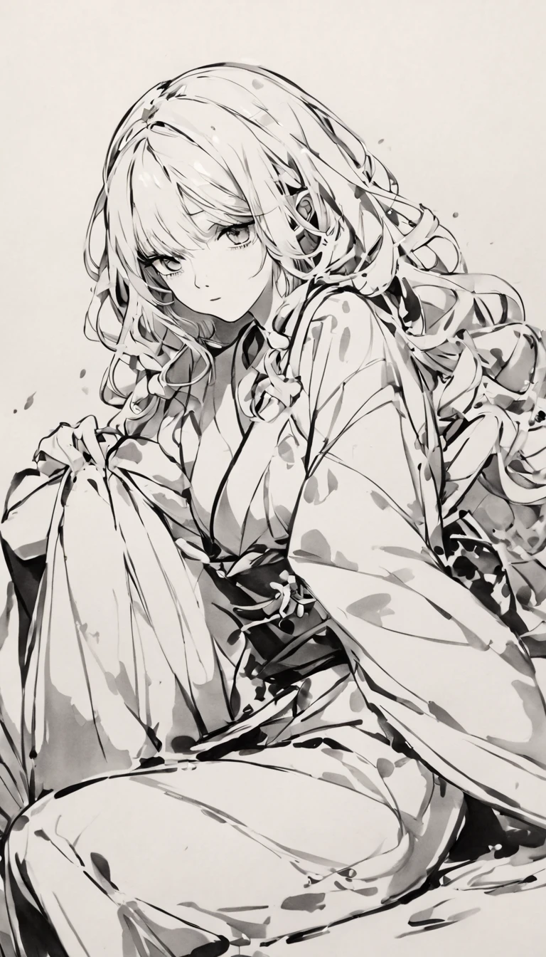 wavy hair, kimono, sitting pose, (black and white ink sketch:1.3)
