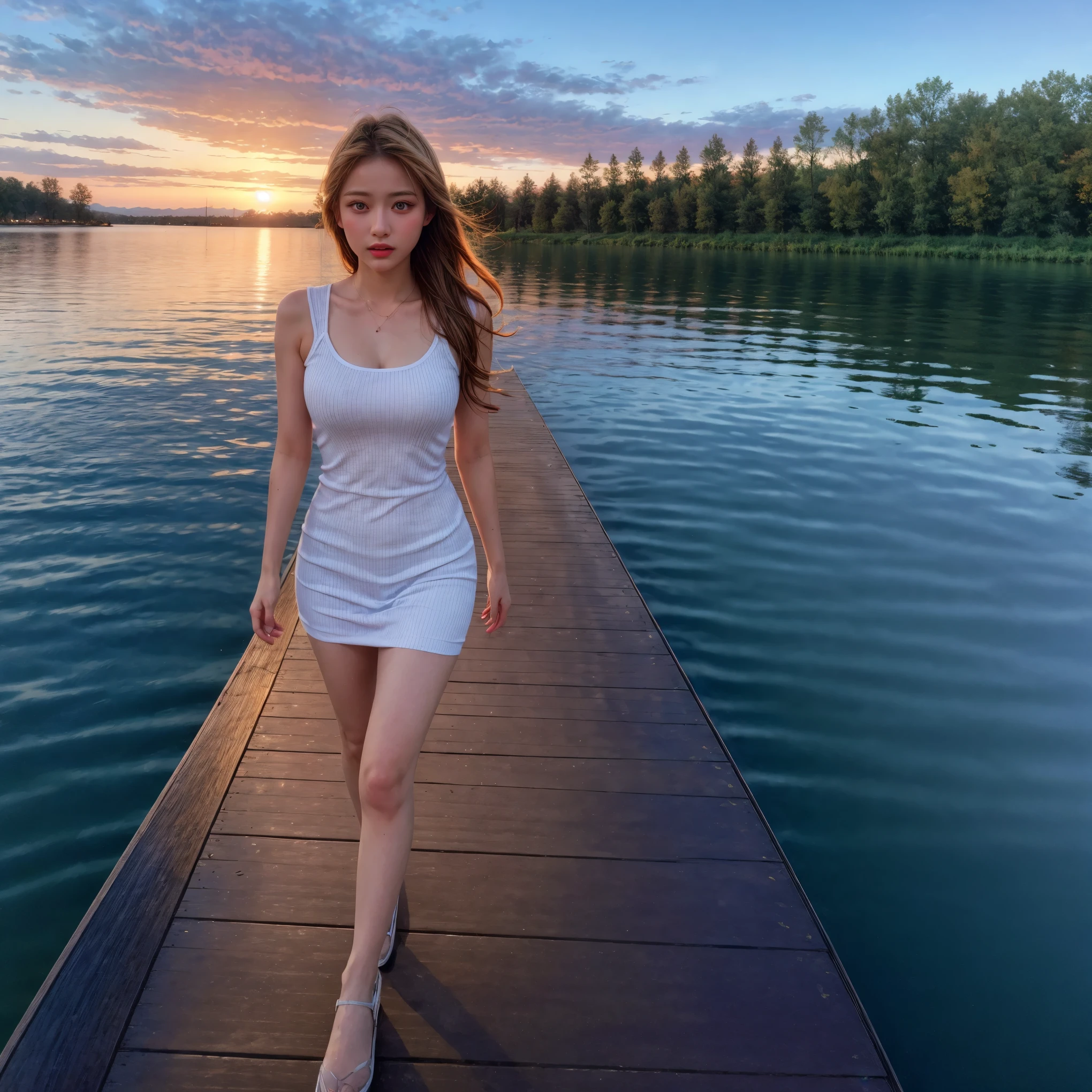 (best quality,4k,8k,highres,masterpiece:1.2),ultra-detailed,(realistic,photorealistic,photo-realistic:1.37),portrait,landscape,beautiful detailed eyes,beautiful detailed lips,extremely detailed eyes and face,longeyelashes,((1girl walking on a lake, twilight sky)),pink and purple hues,soft and dreamy lighting,serene atmosphere,dramatic clouds,crimson sunset,ethereal scenery, ((long hair:-0.8)) , ((nipple:-1)) .