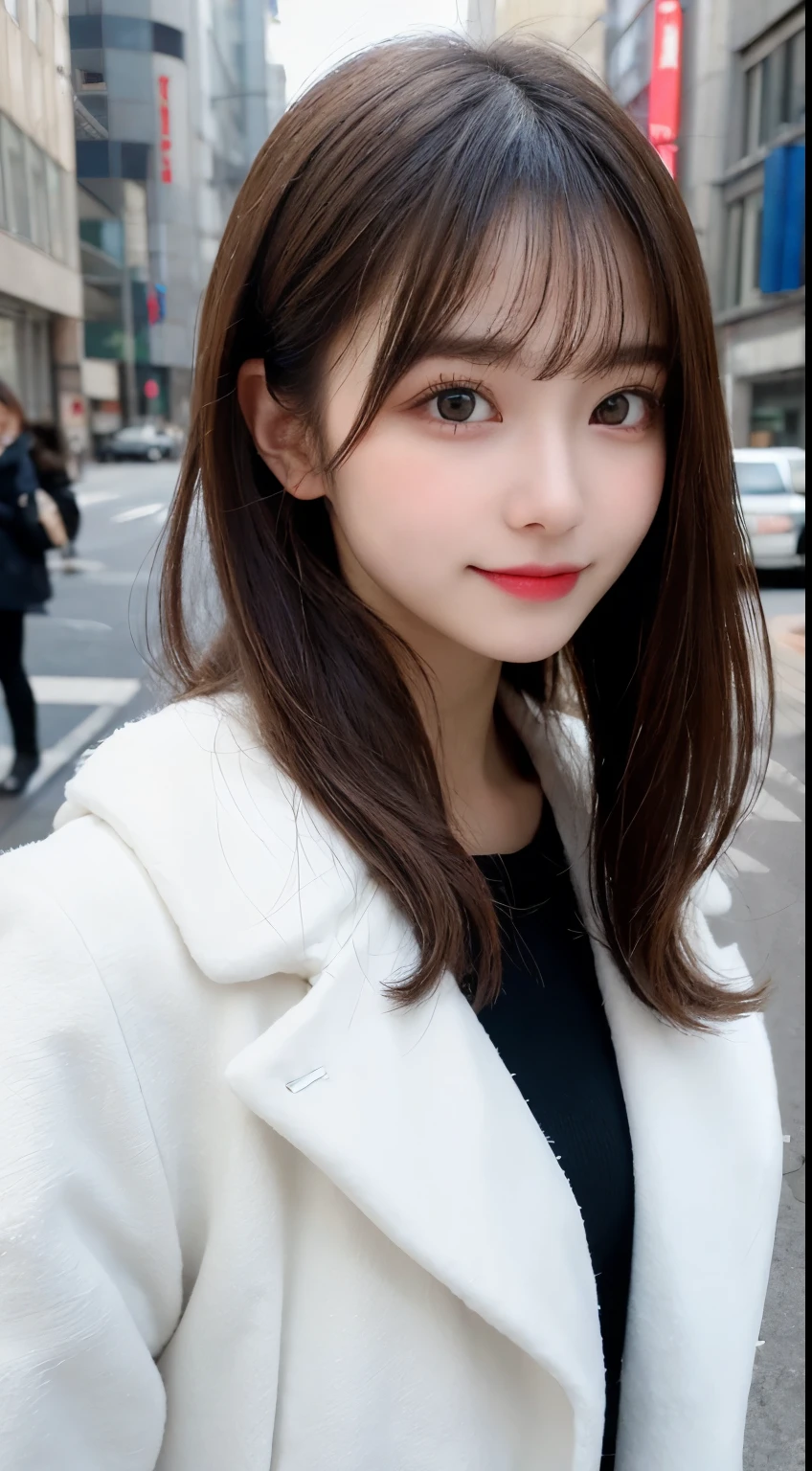 table top, highest quality, shape, Super detailed, finely, High resolution, 8k wallpaper, 完璧なダイナミックな構shape, beautiful and detailed eyes, Tokyo Trends Winter Dress Fashion,straight hair, small breasts, natural color lip, random sexy pose,cute smile,20 year old girl、beautiful and detailed face、perfect and beautiful face,Big eyes、Wear fluffy black outerwear with fur、beautiful detailed face、perfect and beautiful double eyelids、blur the background、perfect and beautiful face、Feminine poses、blur the background、slim face and style、blur background,real photos