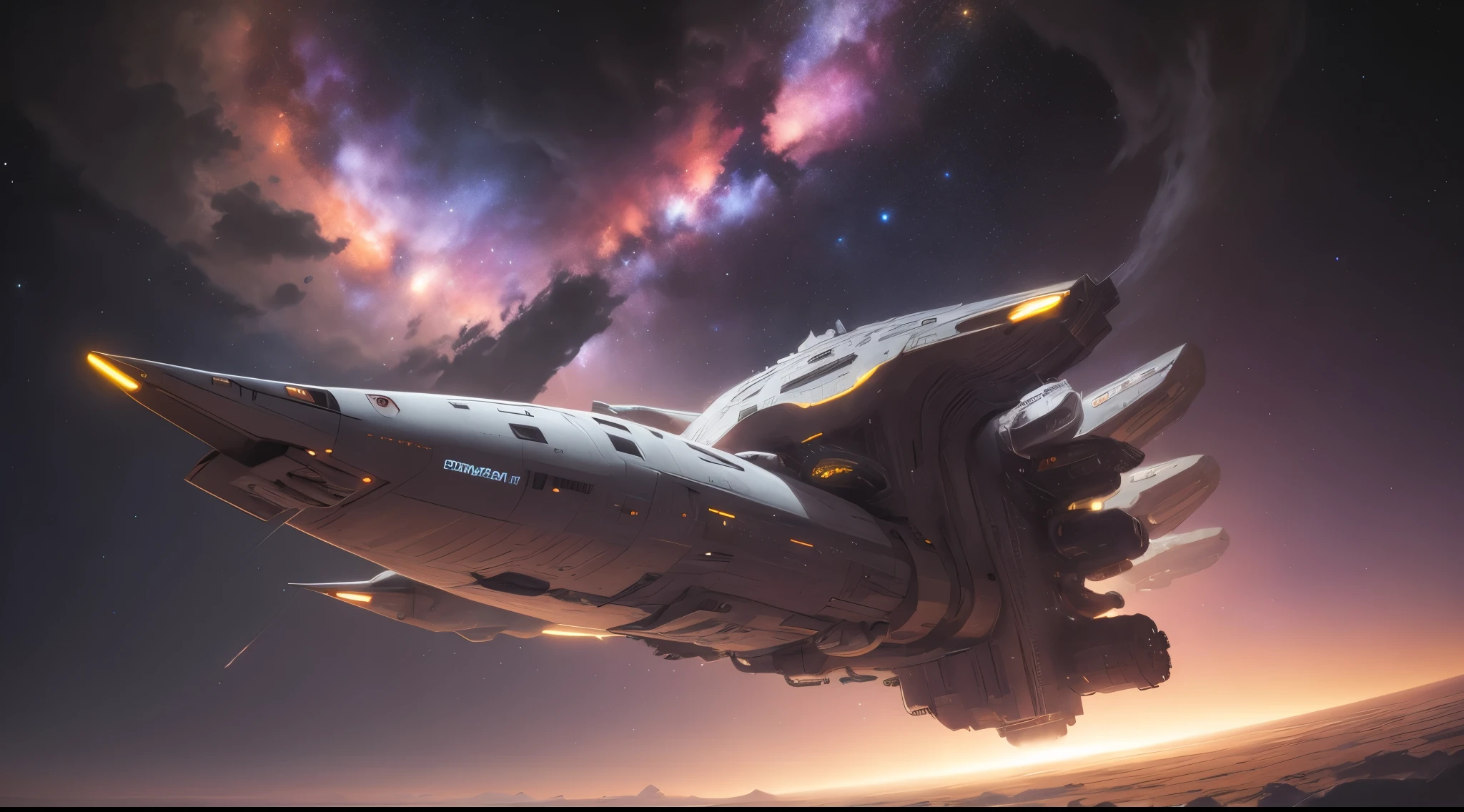 concept -art RetroFuturismAI: A wedge-shaped spaceship with a symmetrical shape, Dark shades, command post, in space against the backdrop of a spiral galaxy,