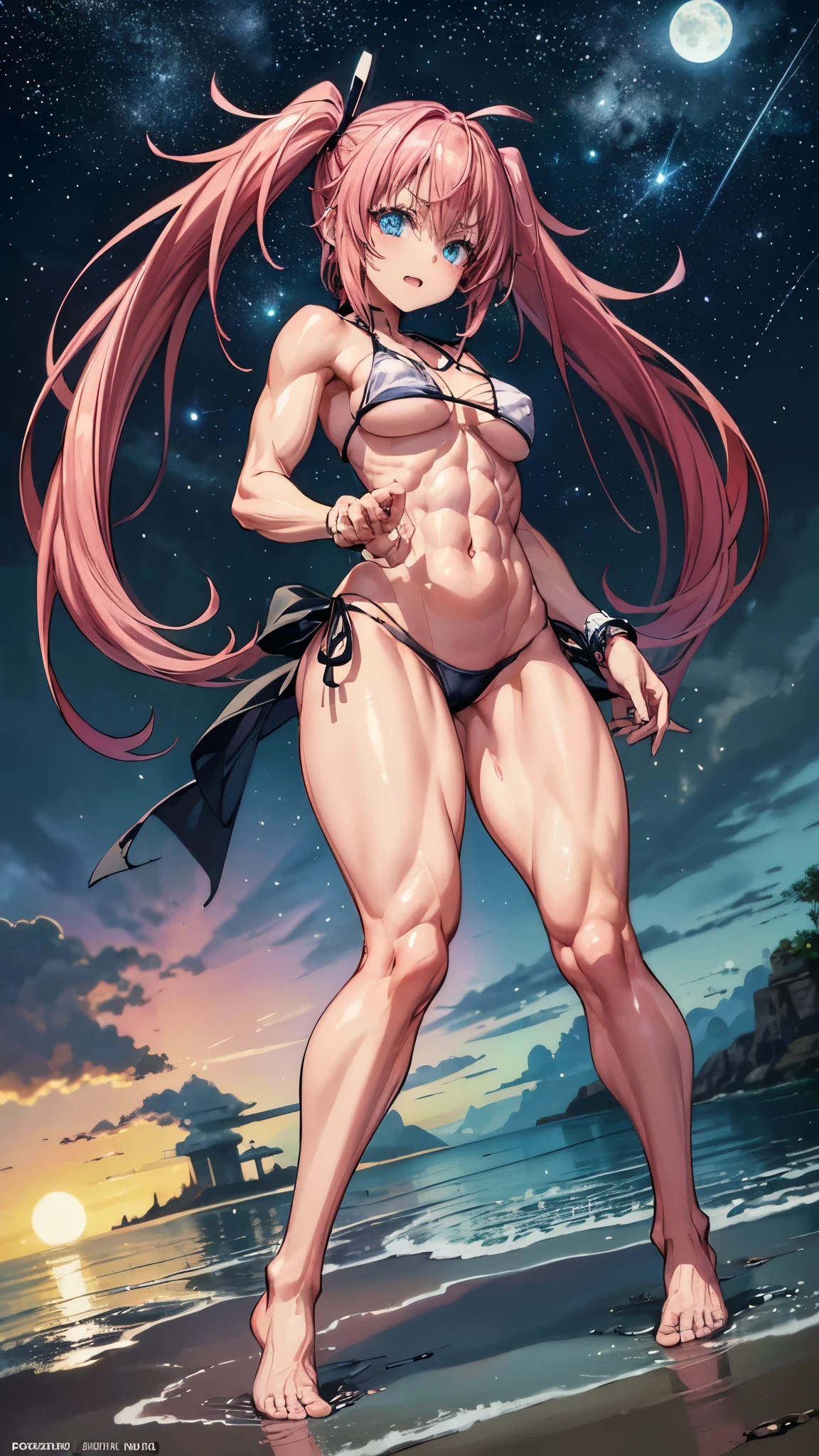 1 girl, (medium breasts))), (((wearing short bikini))), (long pink hair), (((blue eyes))), Thin arms, (on the beach at night with starry sky and full moon blood), (thin waist), (((muscular legs))), muscular belly, barefoot, (((showing me his big ass))), (full body photo), (twintails), long eyes, eye reflex , bad mood, anime, anime style, ray tracing, Reflection, drop shadow, Panorama, Sony FE, 8k, UDisk, artwork, accurate, anatomically correct, super detail, best quality, ultra-high resolution, hard drive, 16k