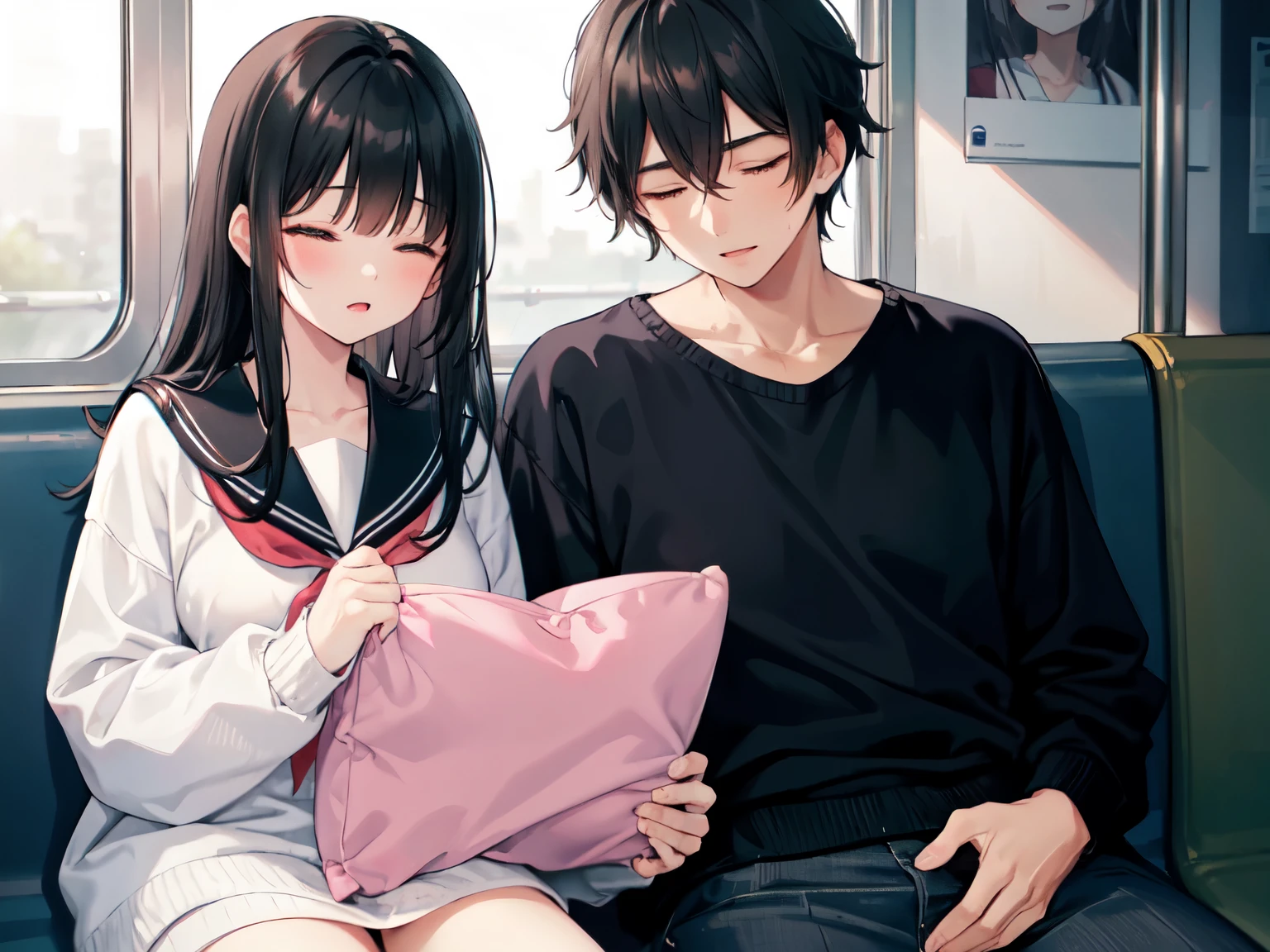 （8K, highest quality, table top:1.2)、Super high resolution、Couple of a 16-year-old female high school student and a 35-year-old male、(((lap pillow))),A woman hugs a man,man wearing a gray sweater,Woman in Sailor Suit,detailed hand fingers,（Black hair in women,blunt bangs),man&#39;s black hair,super detailed face,fine eyes,((man and woman closing their eyes)) 、dark lighting,sitting on the second seat of the train