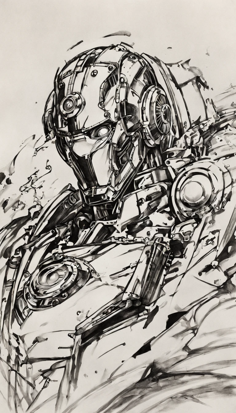 steampunk ironman, portrait, (black and white ink sketch:1.3)
