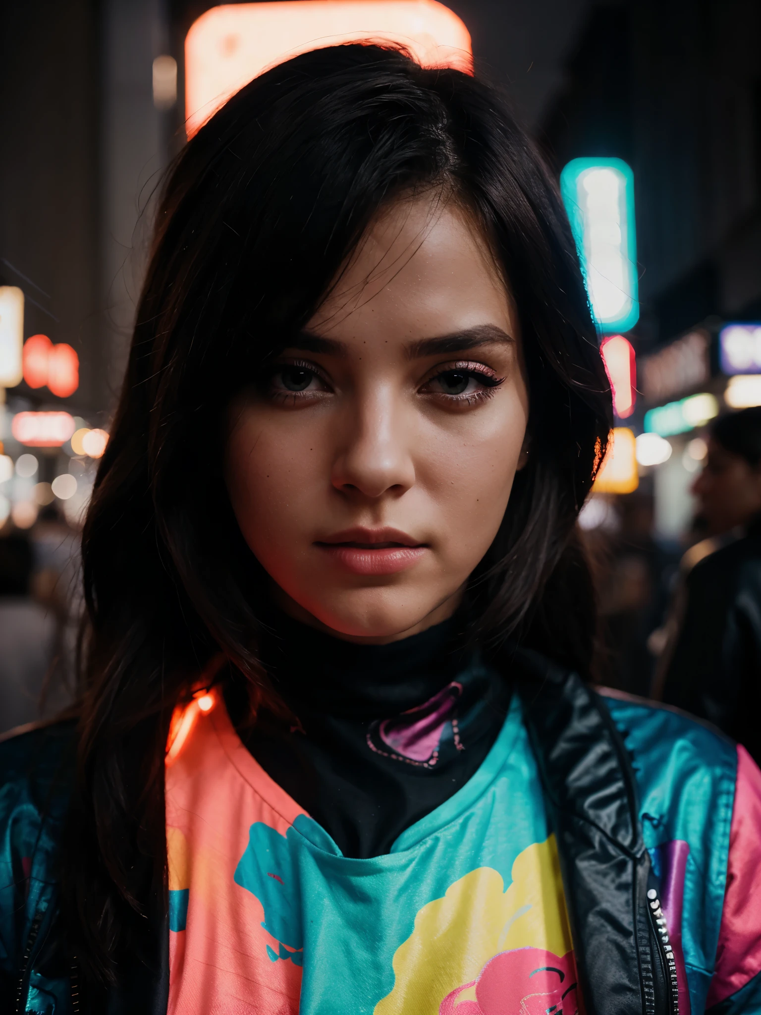 fashion portrait color photograph, woman, neon lights