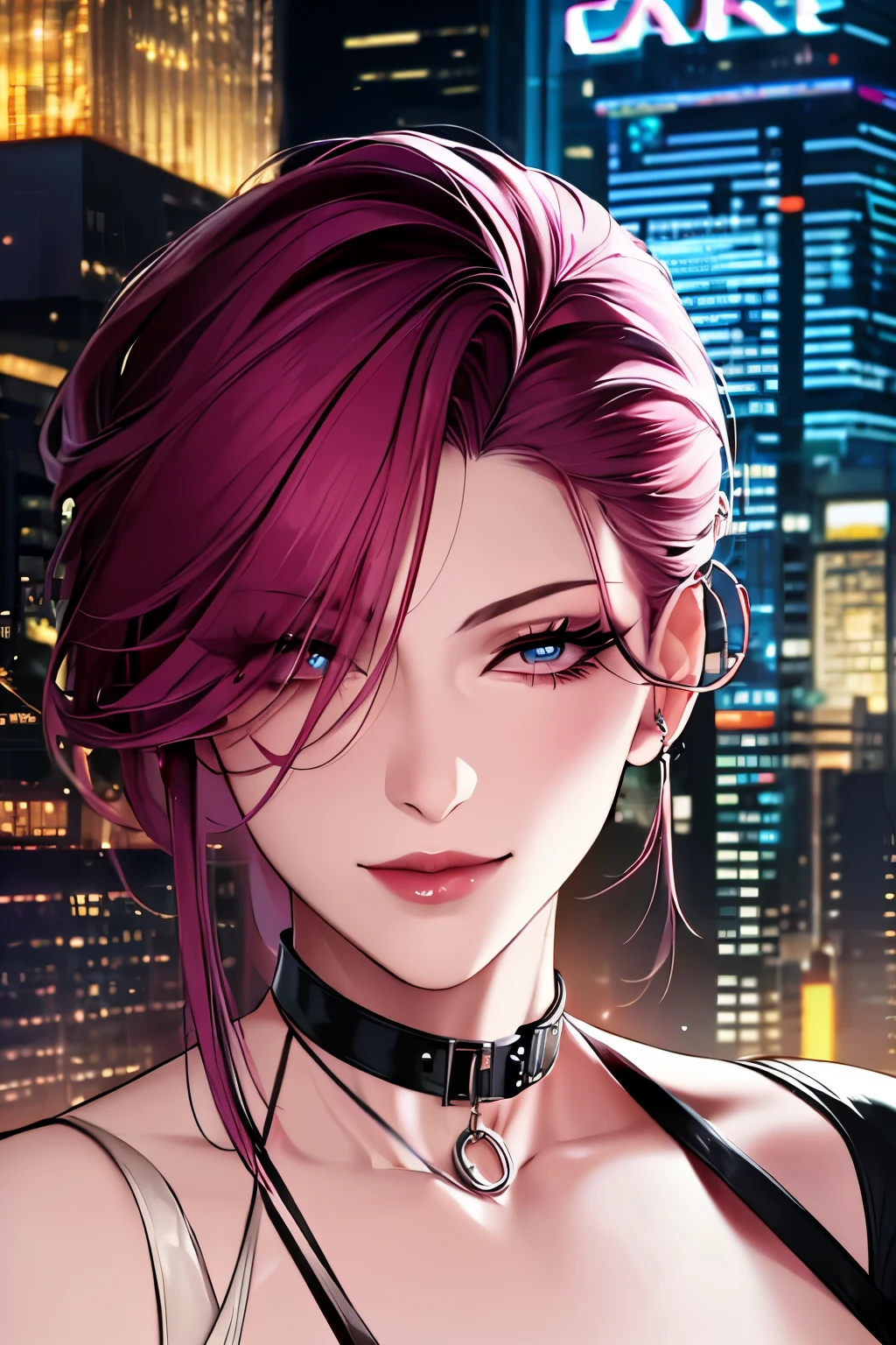 1girl,
(best quality, 4k, 8k, highres, masterpiece:1.2), ultra-detailed, (portrait, mid-twenty,solo_female,nightgown, straight_hair,collarbone,(masterpiece,best quality), magenta hair,face_focus,smirk,hair pulled back,hair_pulled_back,milf,mature_woman,hair_pulled_back,city background,neon city background , cityscape