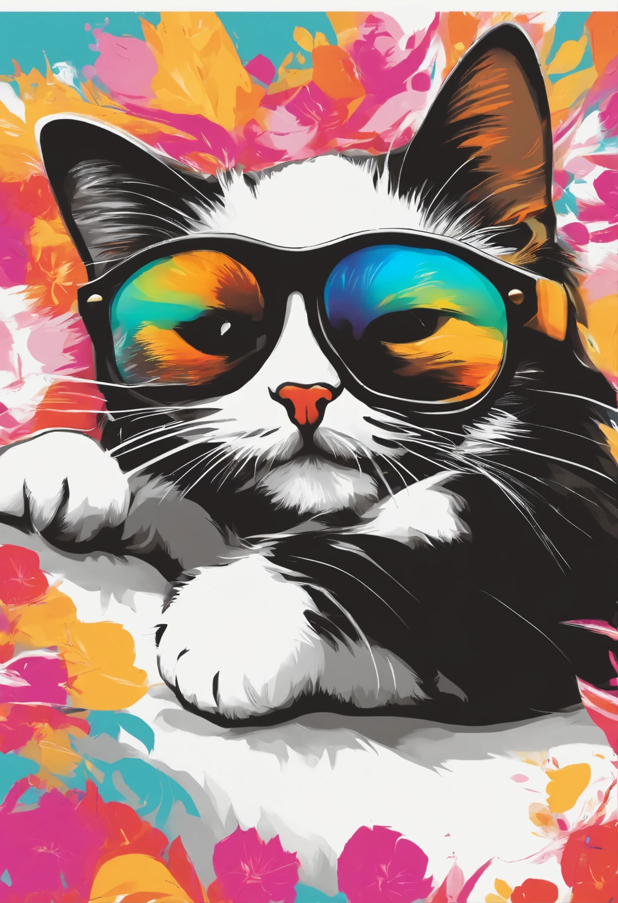 sunglasses kitten paint art,T-shirt logo,((white background)),(In the frame)