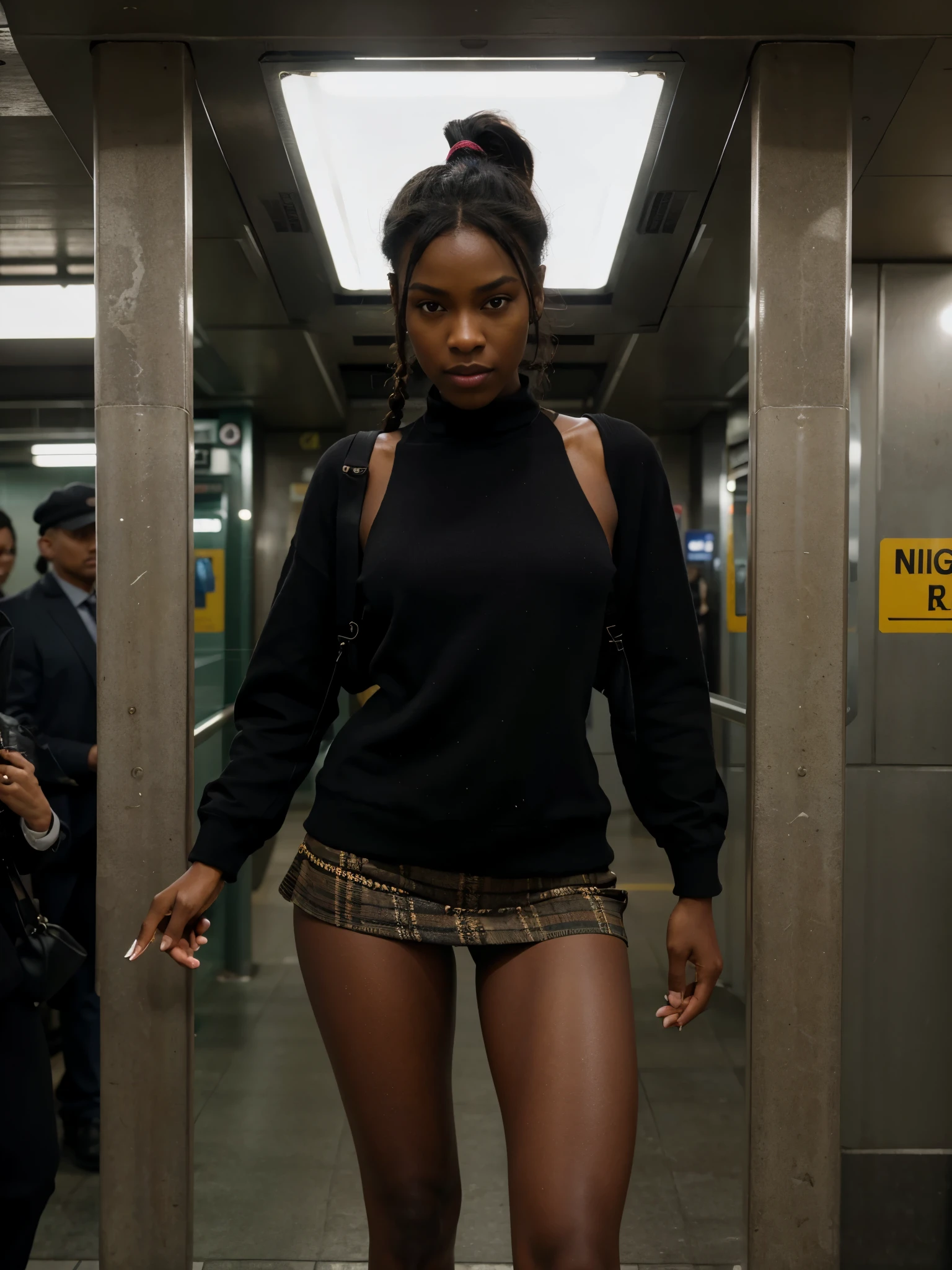 8k, RAW photo, best quality, ultra high resolution, photorealistic, realistic photo of skinny ebony girl in subway station, (slim ebony girl, dark skin, black hair, ponytail hair), in subway station, full body portrait, wearing tweed costume (tweed costume), peaky blinders, looking at viewer, smirking, (extremely detailed CG unity 8k wallpaper), Sharp focus, dramatic, (bright light)