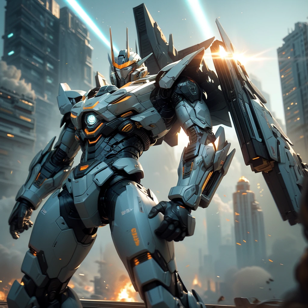 A Super Mech Warrior, Holding Energy Cannon, Tall Buildings, Energy Cannon Fire, Tall and Mighty, Solid Armor, Futuristic Technology, Sharp Lines, Dynamic Styling, Mechanical Joints, Armor Plates, Sensors, Energy Weapons, Blazing Energy, Shining Light, Explosion Effects, Smoke and Dust, Tense Atmosphere, (Octane Rendering: 1.4), Best Quality, (Highly Realistic), (Ultra Detail: 1.5), C4D Rendering, Cinematic Quality