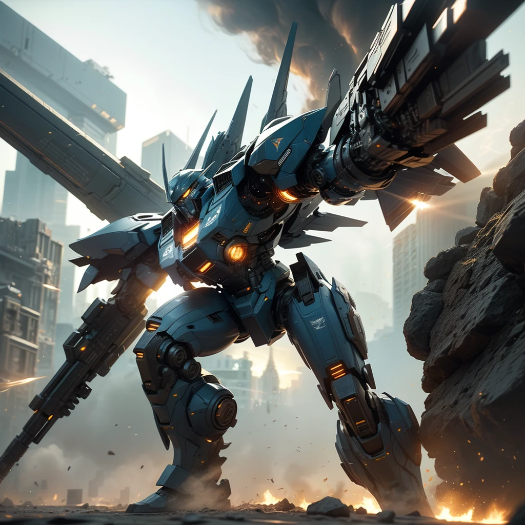 A Super Mech Warrior, Holding Energy Cannon, Tall Buildings, Energy Cannon Fire, Tall and Mighty, Solid Armor, Futuristic Technology, Sharp Lines, Dynamic Styling, Mechanical Joints, Armor Plates, Sensors, Energy Weapons, Blazing Energy, Shining Light, Explosion Effects, Smoke and Dust, Tense Atmosphere, (Octane Rendering: 1.4), Best Quality, (Highly Realistic), (Ultra Detail: 1.5), C4D Rendering, Cinematic Quality