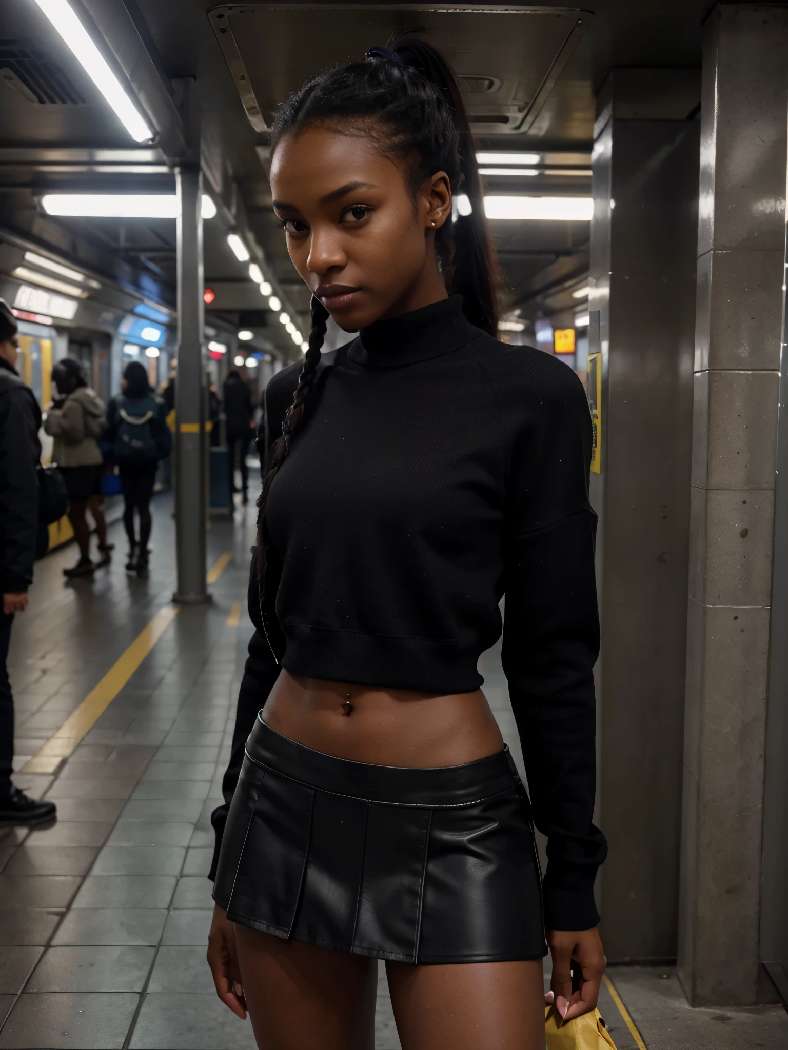 8k, RAW photo, best quality, ultra high resolution, photorealistic, realistic photo of skinny ebony girl in subway station, (slim ebony girl, dark skin, black hair, ponytail hair), in subway station, (subway train), full body portrait, photo from the side, wearing sweater, sweater, wearing school skirt, school skirt, looking at viewer, smirking, (extremely detailed CG unity 8k wallpaper), Sharp focus, dramatic, (bright light)