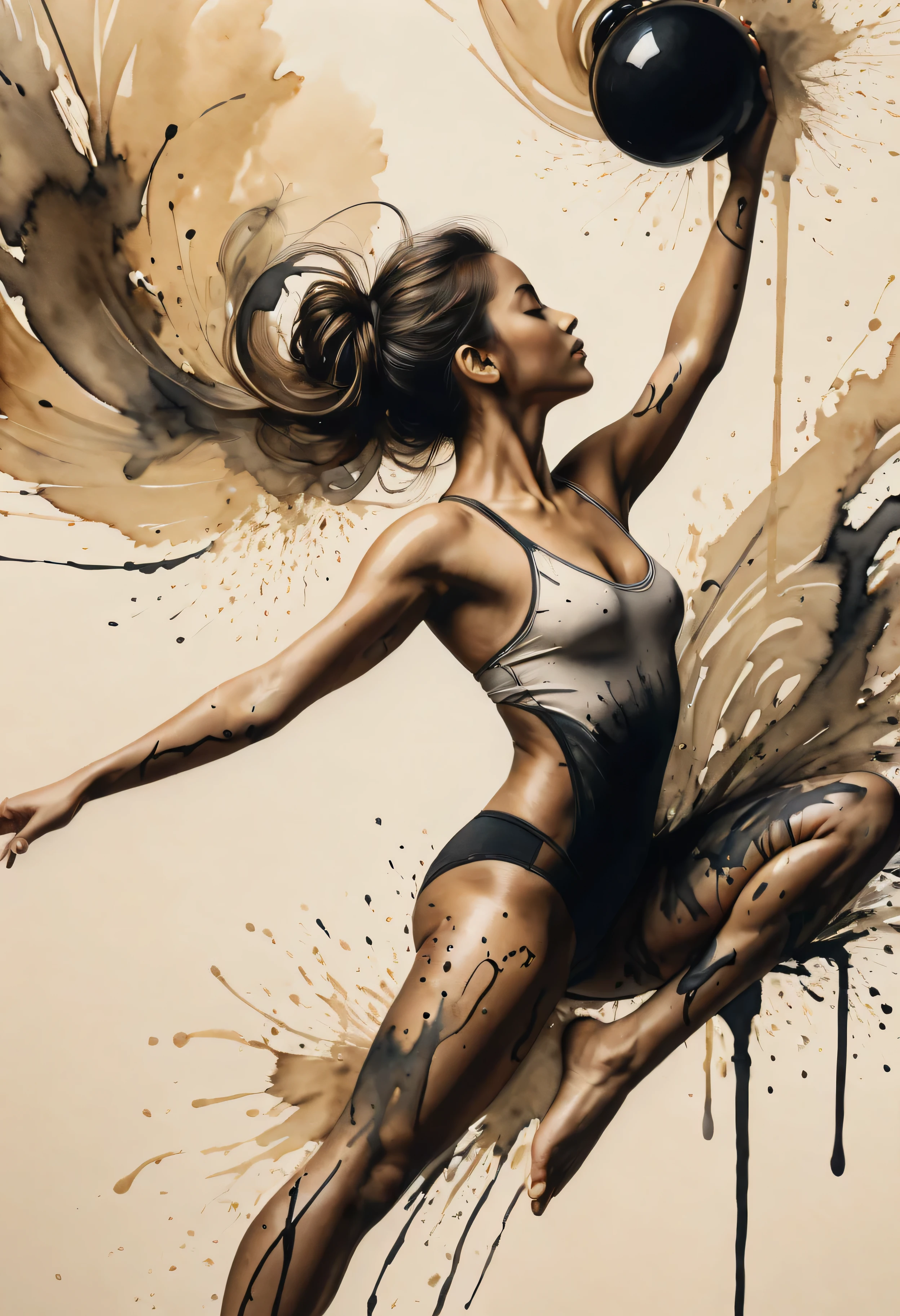 ((Amazing_choreography):1.2), ((Expressive_movement:1.2), ((rhythmic gymnastics:1.5), ((Hourglass_figure):1.2),((gymnastics_leotard):1.2). | (best quality,4k,8k,highres,masterpiece:1.2),ultra-detailed,(realistic,photorealistic,photo-realistic:1.37). | (realistic,photorealistic:1.37),detailed outline in black ink, smooth lines, expressive emotions and postures, contrast of ink density, vibrant expressions, vivid movements, expertly sketched figure, polished and refined lines, impeccable ink work, fluidity in strokes, bold and confident style, meticulous attention to detail, subtle variations in shading, delicate balance of light and dark, striking visual impact, seamless integration of ink and emotions, exquisite artistic portrayal, impressive ink composition, emotive storytelling through ink, convincing realism and depth, strong sense of presence, engaging and captivating ink figure, expertly captured essence of the subject, powerful and evocative illustration, mesmerizing and thought-provoking artwork, visually stunning ink masterpiece. | minimalist background, light emphasis, shadow emphasis, spatial perception, monochrome, color palette, fine lines, subtle textures, elegant simplicity, distinctive lighting, subtle gradients, color contrast, deep shadows, sparse details, delicate composition, artistic abstraction, contemporary art aesthetic.
