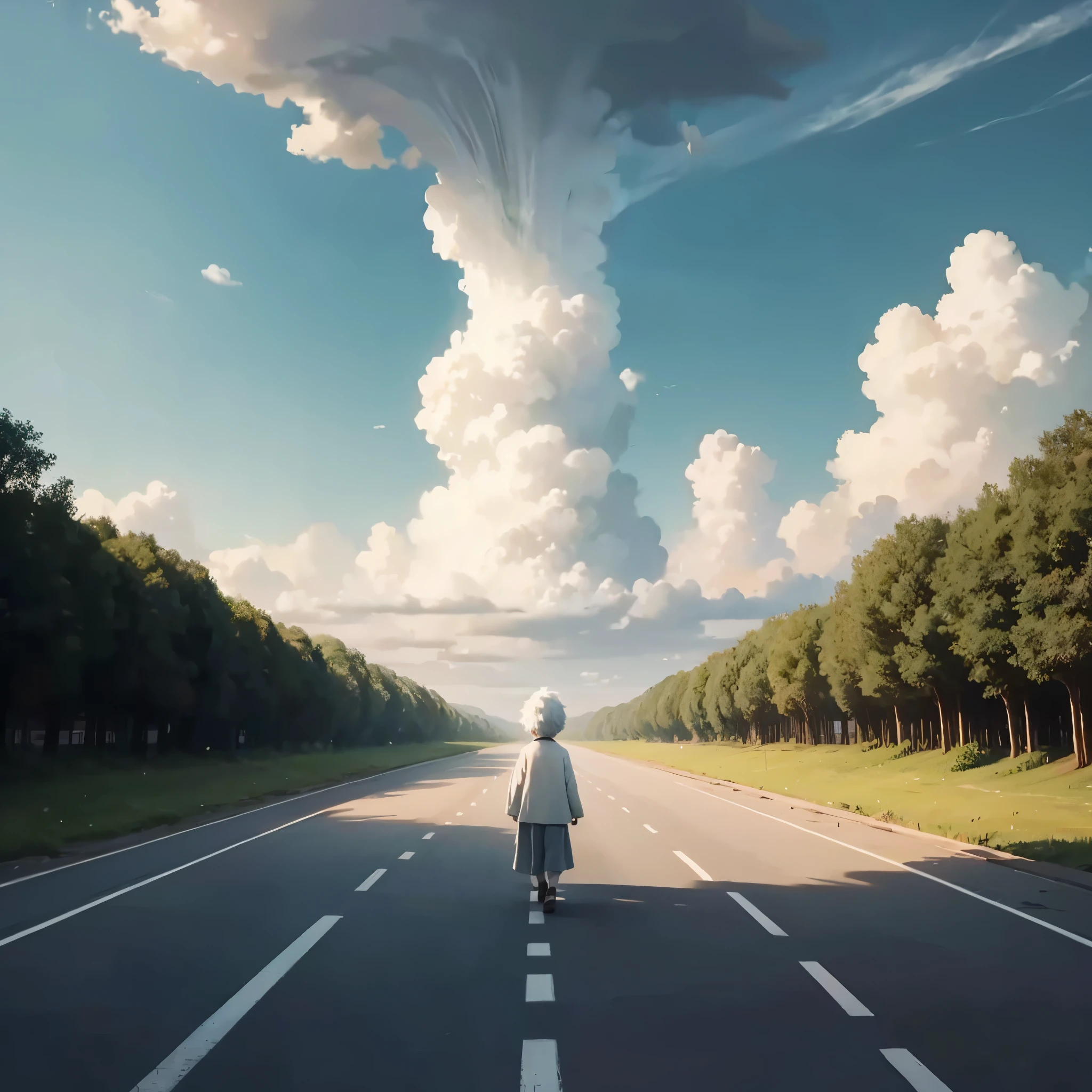 Create a classic long road scene with Cloud Boy walking alone down the road..