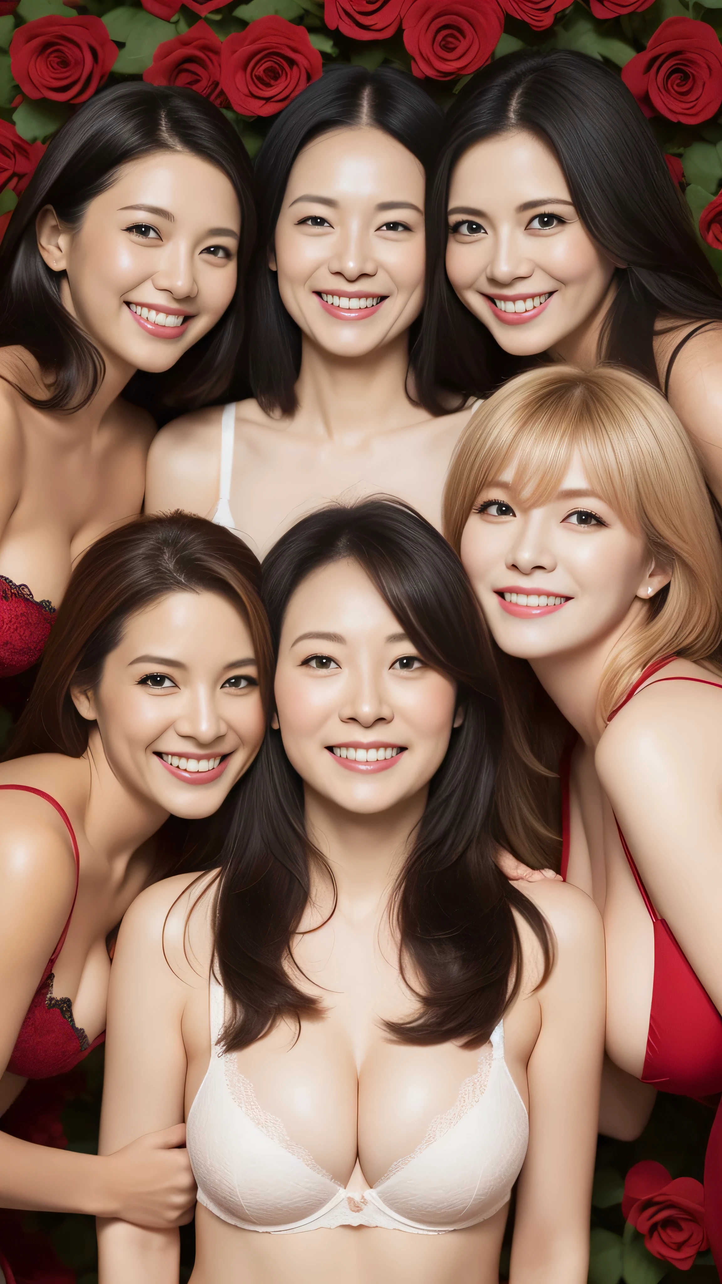 (1 person)、mature woman face、middle-aged women、mature woman's body、Middle-aged body、(white bra)、above the waist、High quality、Super realistic、healthy、smiling expression、Japanese、 perfect eyes、Shining beautiful skin、very many red roses flower background
