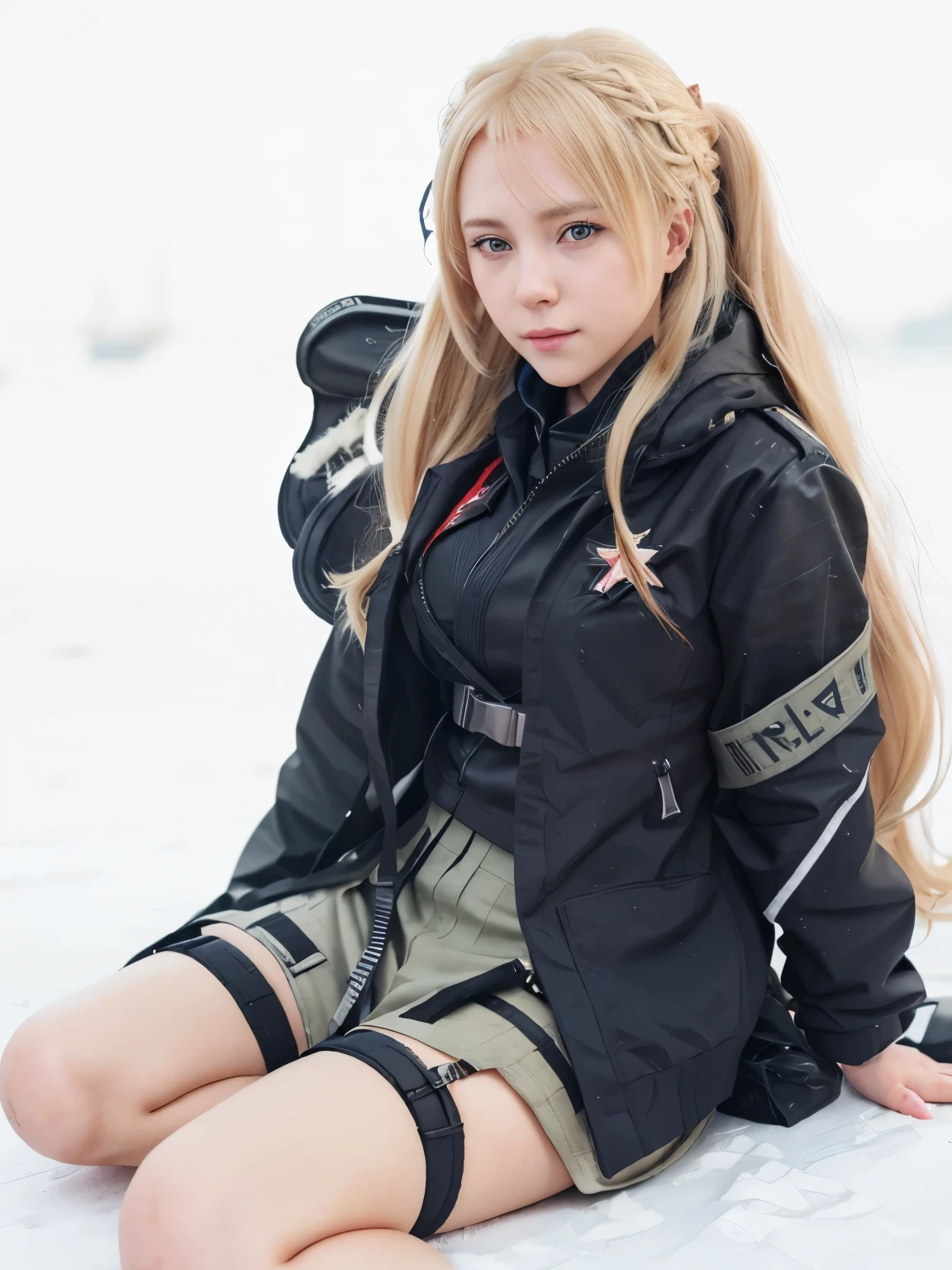 beautiful girl sitting on the ground with her legs crossed, girls frontline style, from girls frontline, fine details. girls frontline, girls frontline cg, girls frontline, kantai collection style, girls frontline universe, blonde beautiful girl with long hair, a-1 pictures, realistic, 3d